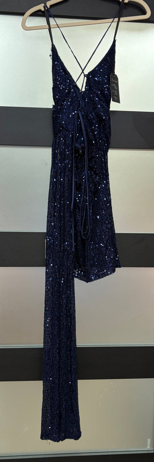 B. Darlin Navy Sequin Wrap Homecoming Dress with Side Drape
