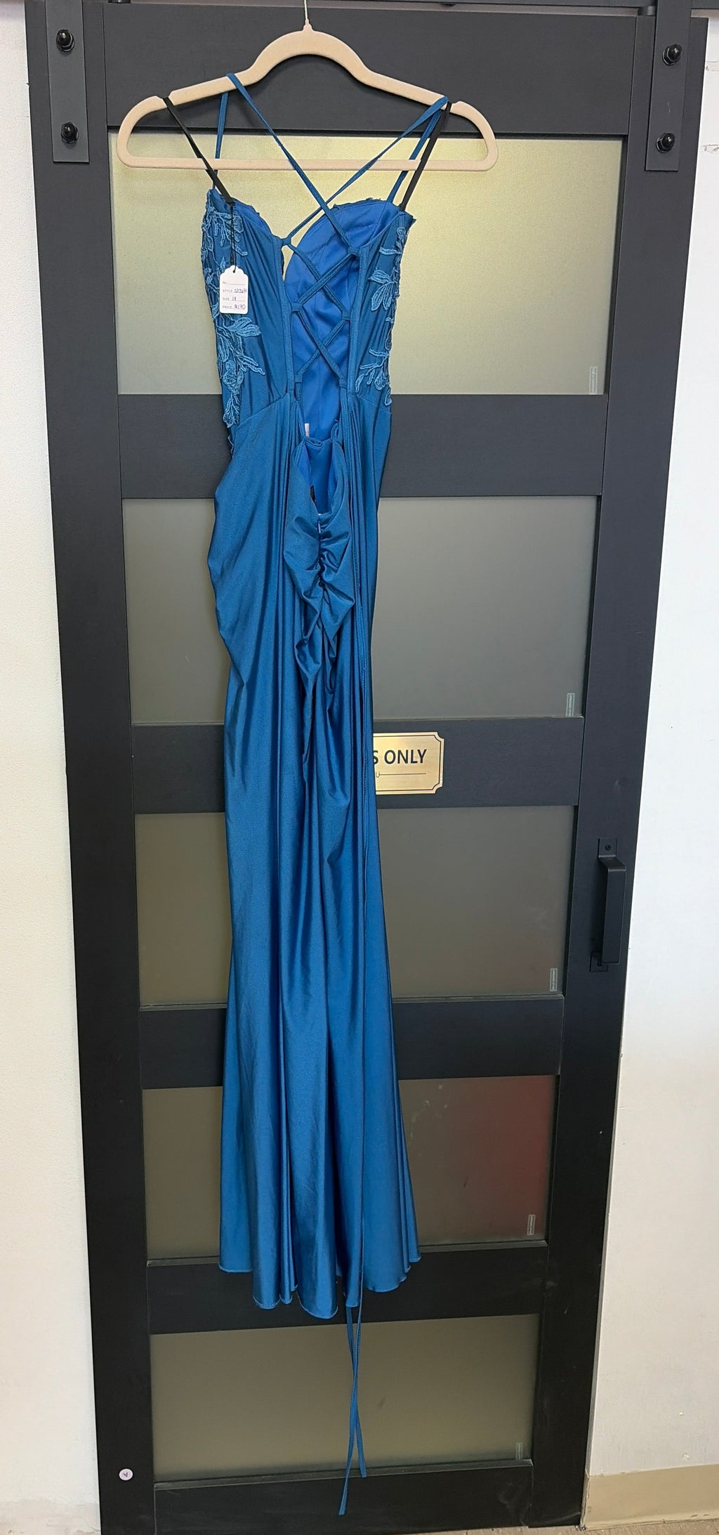 Blue Faviana style s10671 with floral details on top