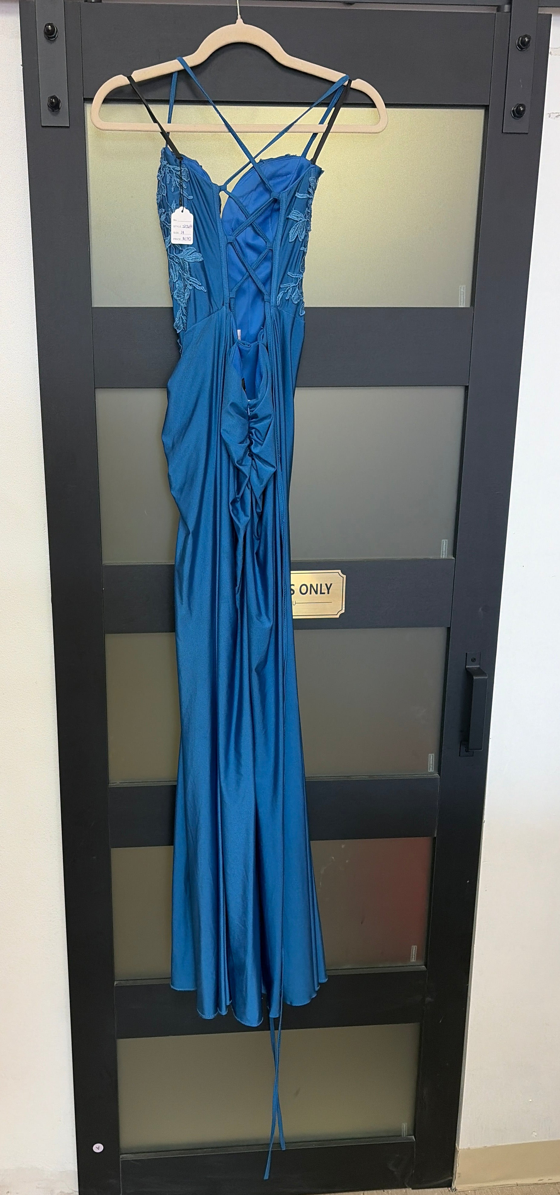 Blue Faviana style s10671 with floral details on top