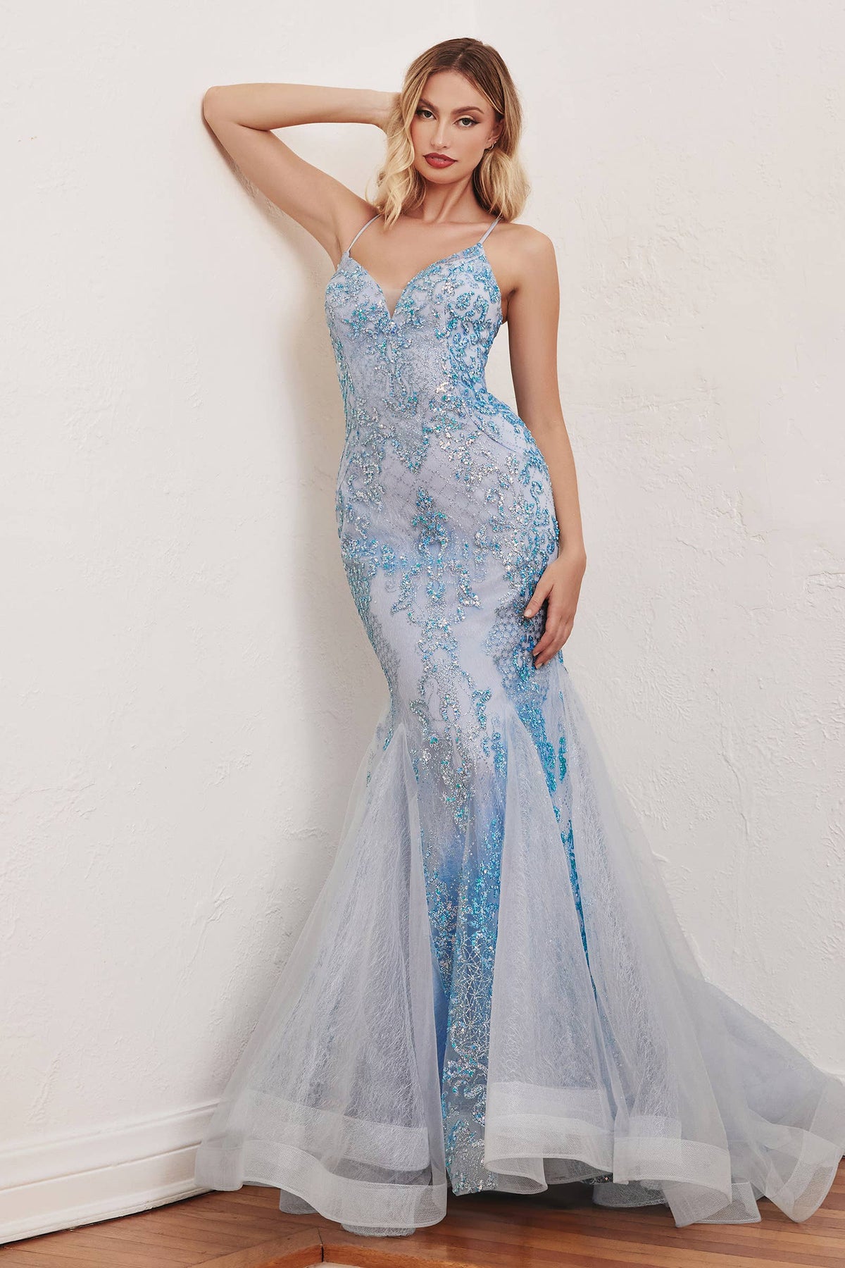 LaDivine CC2279 Glitter Mermaid Gown with Lace-Up Back