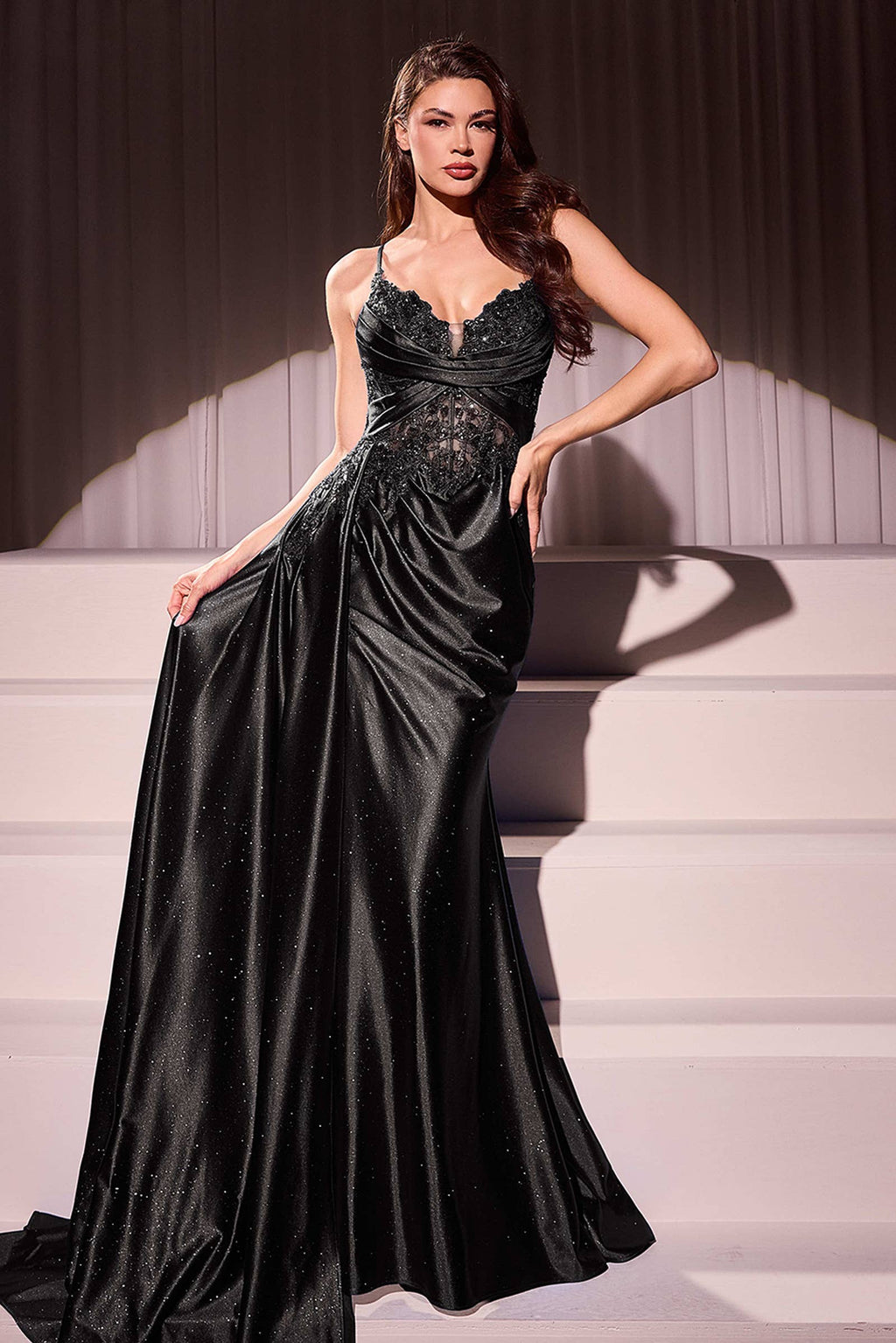 Ladivine by Cinderella Divine - FITTED SATIN & LACE EVENING GOWN