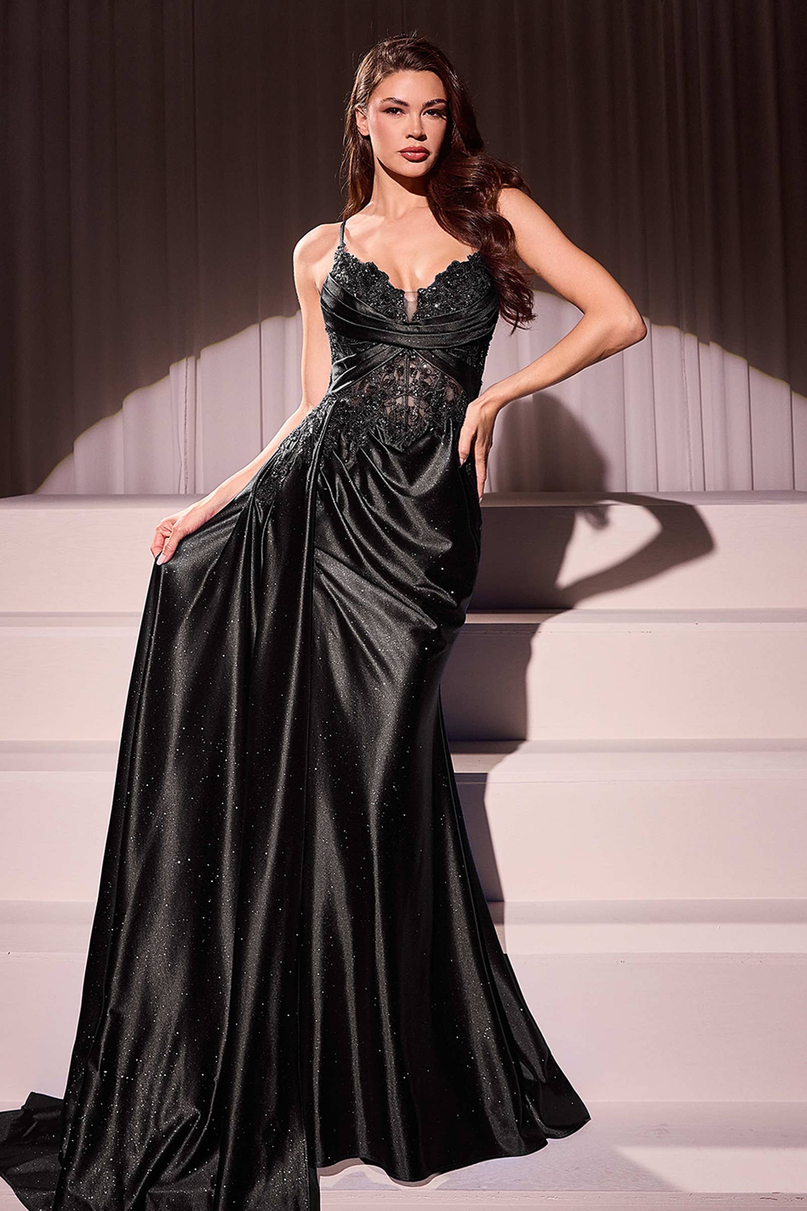 Ladivine by Cinderella Divine - FITTED SATIN & LACE EVENING GOWN