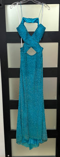 Jovani Turquoise Crystal Embellished Cutout Evening Gown