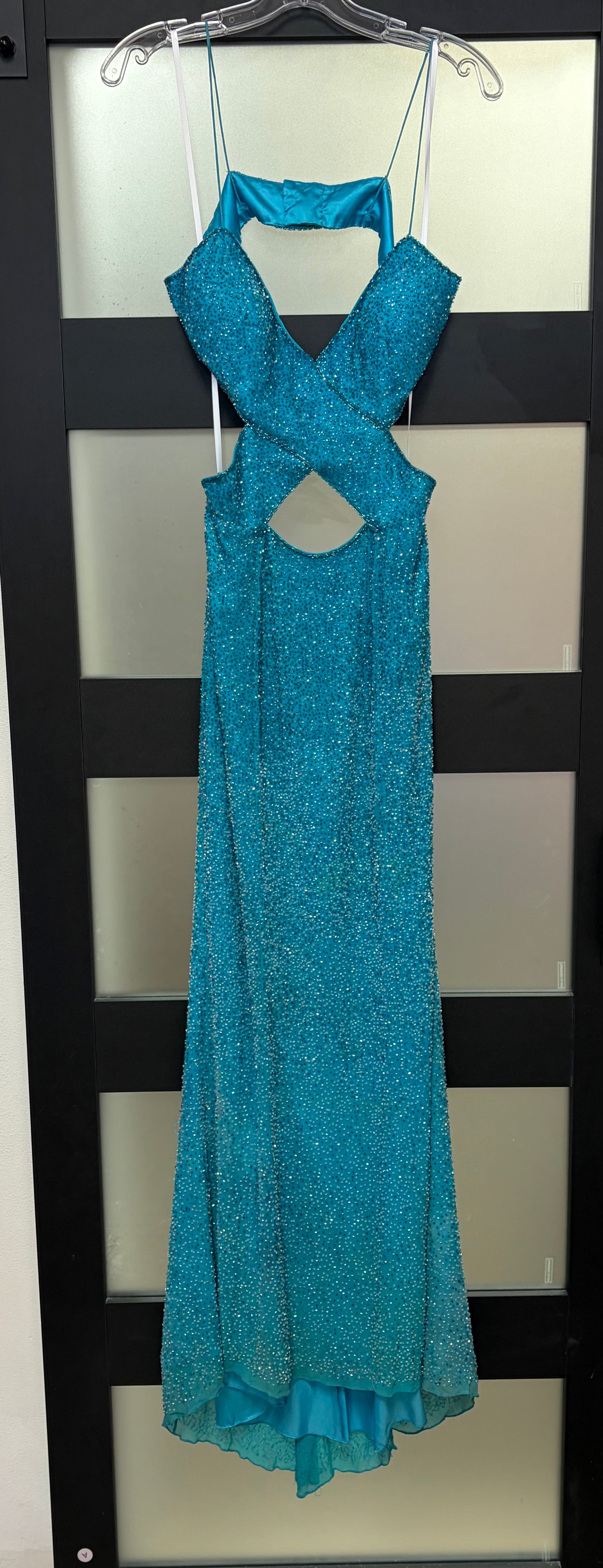Jovani Turquoise Crystal Embellished Cutout Evening Gown