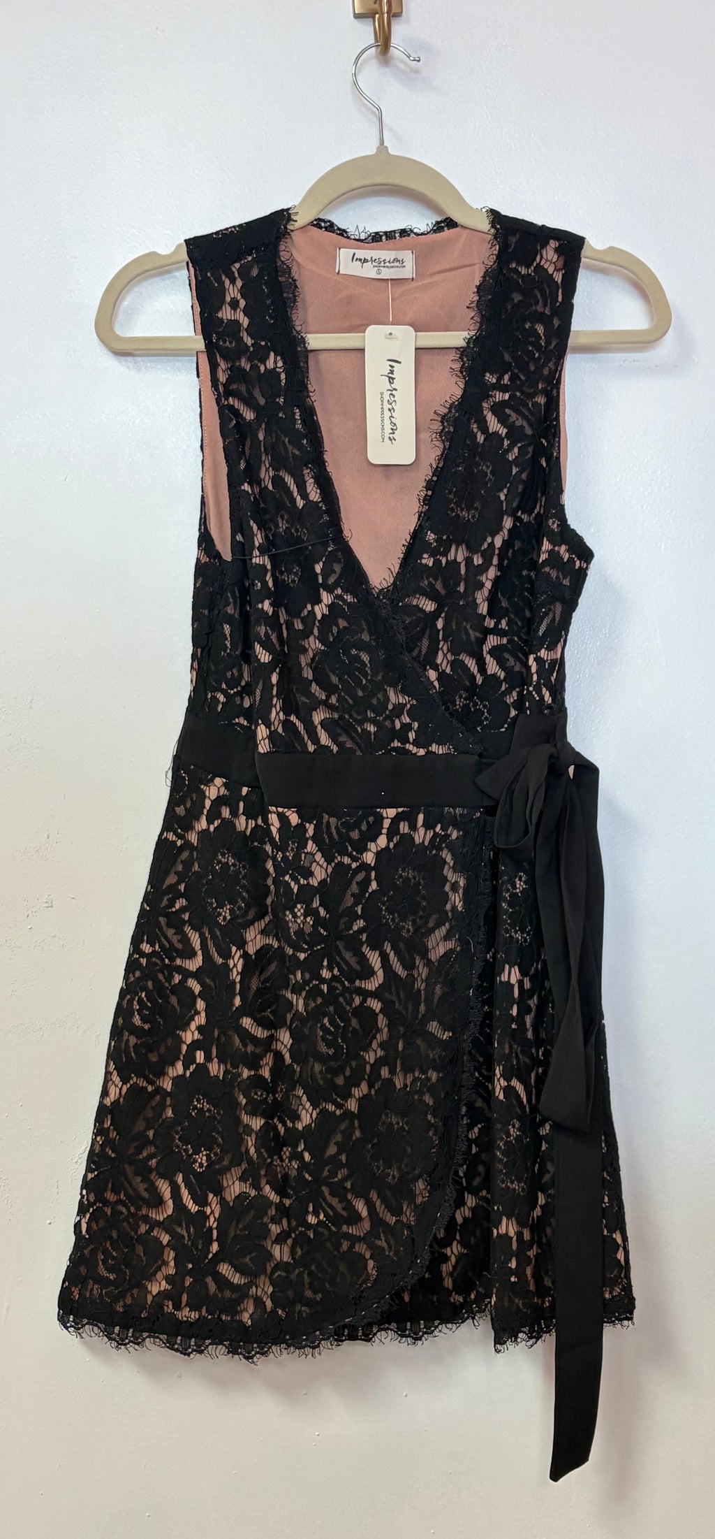 Impressions Black and Blush Lace Wrap Dress with Satin Waist Tie