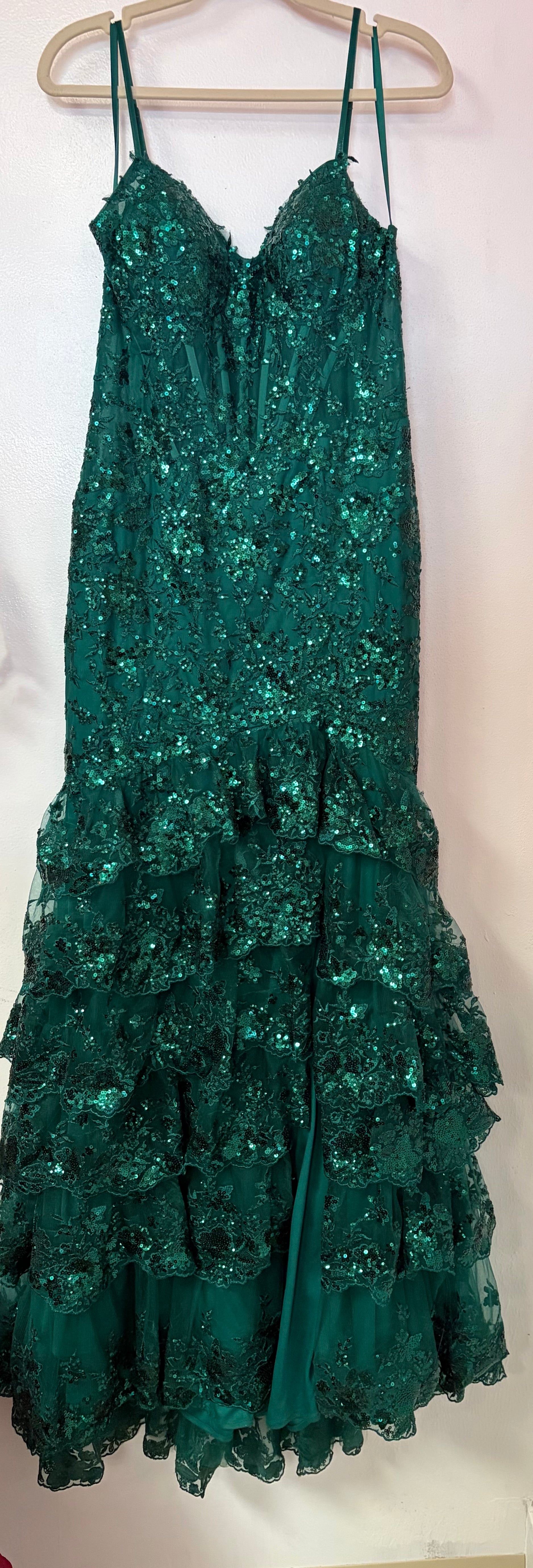 Stacees Emerald Green Sequin Tiered Lace-Up Formal Gown