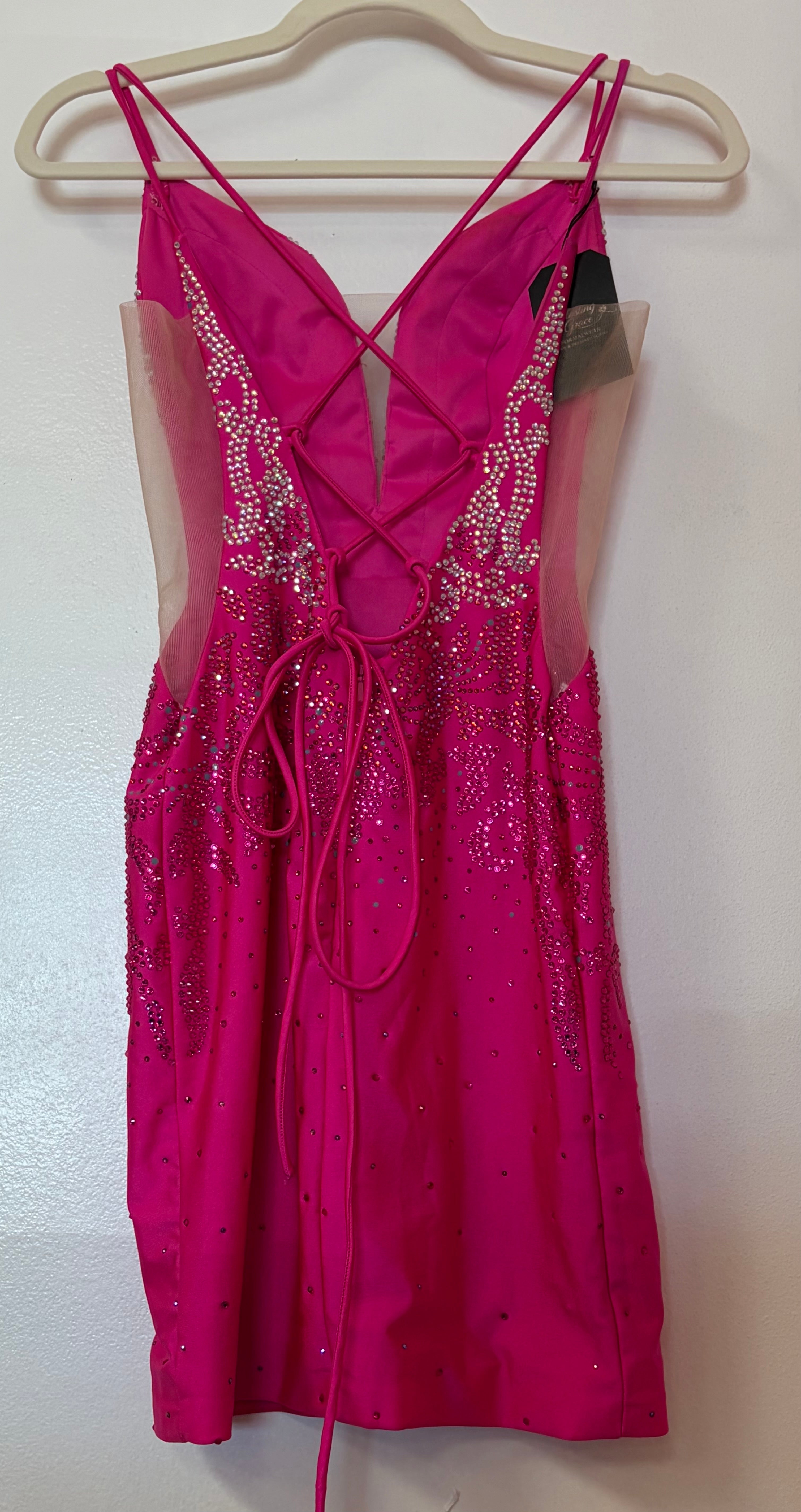 Amarra 87148 Hot Pink Rhinestone Homecoming Dress with Plunging Neckline and Lace-Up Open Back