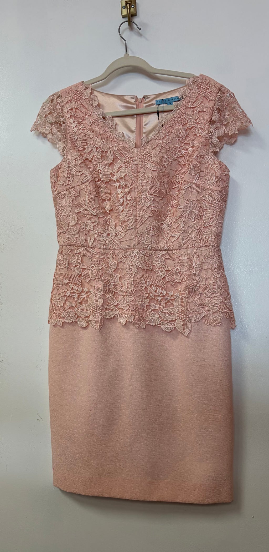 Antonio Melani Blush Floral Lace Sheath Dress with Cap Sleeves and Scalloped Neckline