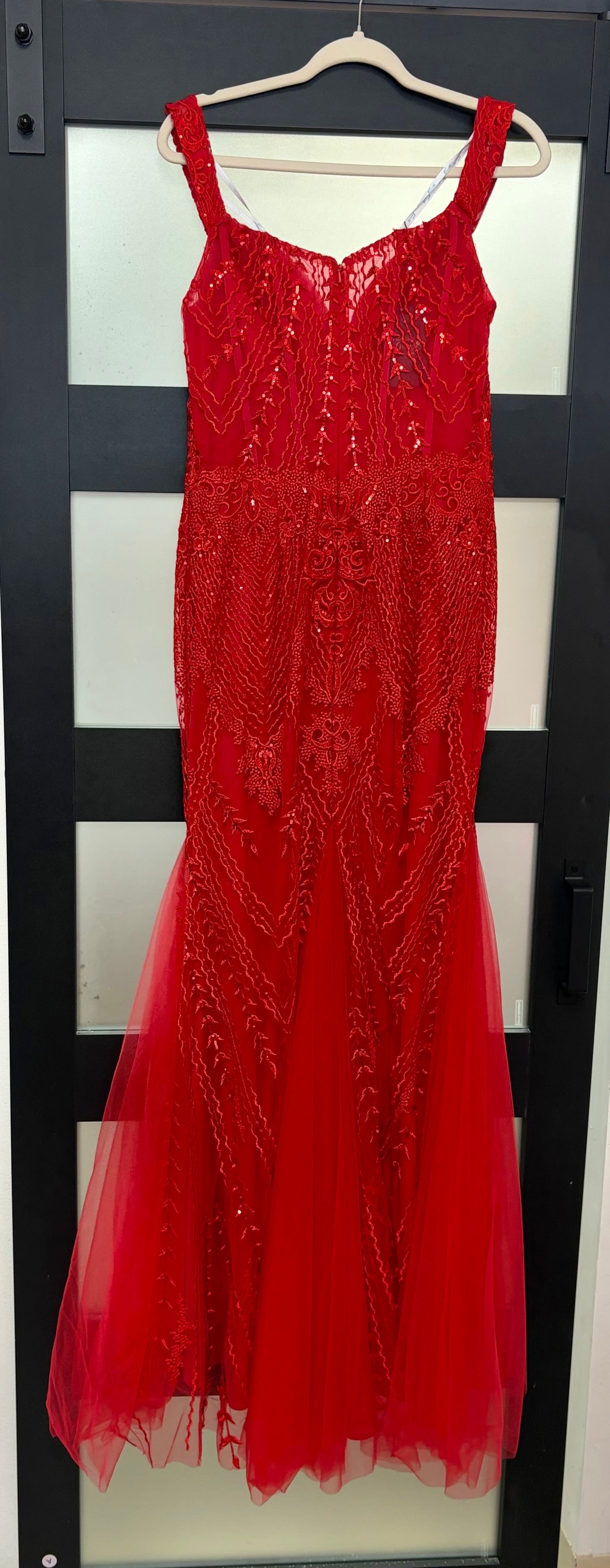 Camille La Vie Red Beaded Mermaid Gown with Illusion Neckline