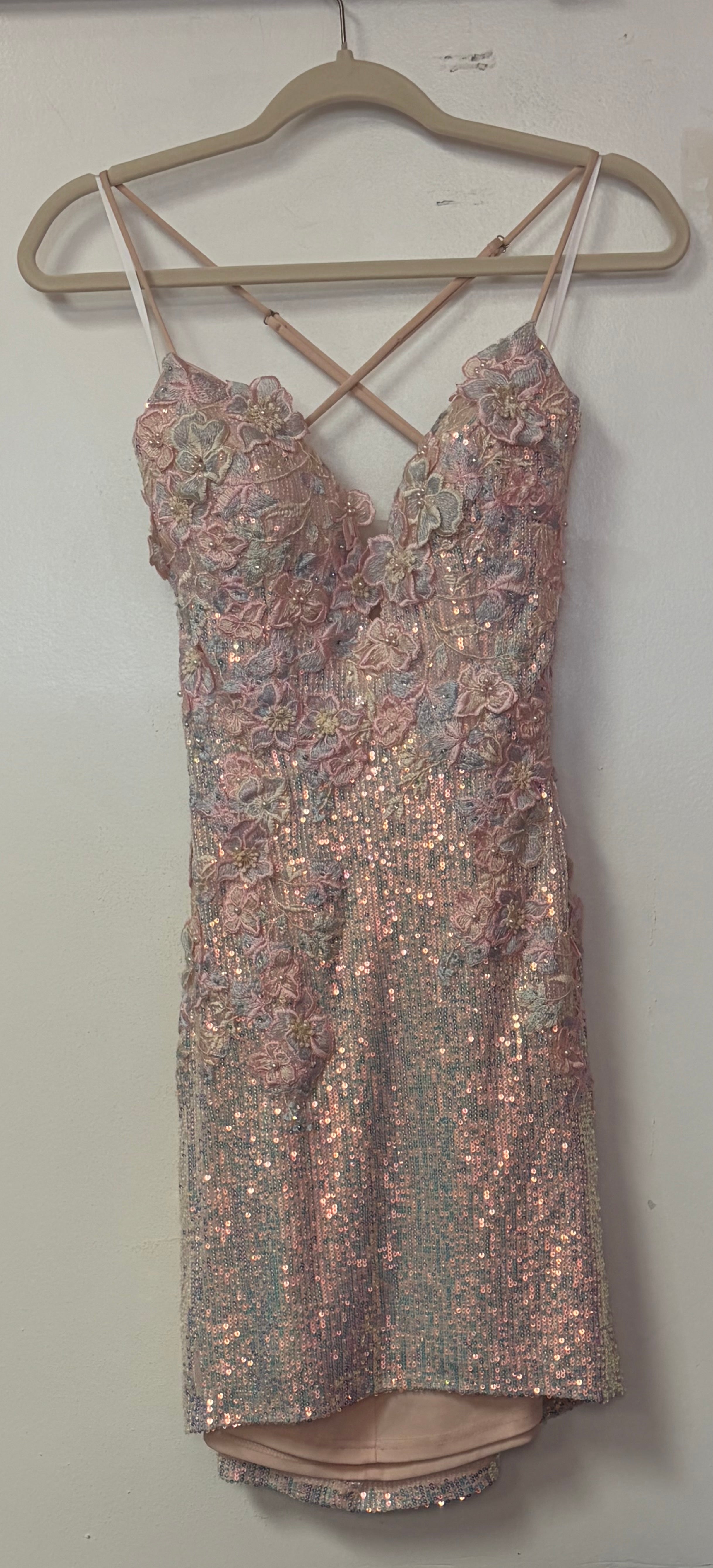 Alyce Paris Blush Multi-Color Floral Sequin Lace-Up Mini Dress