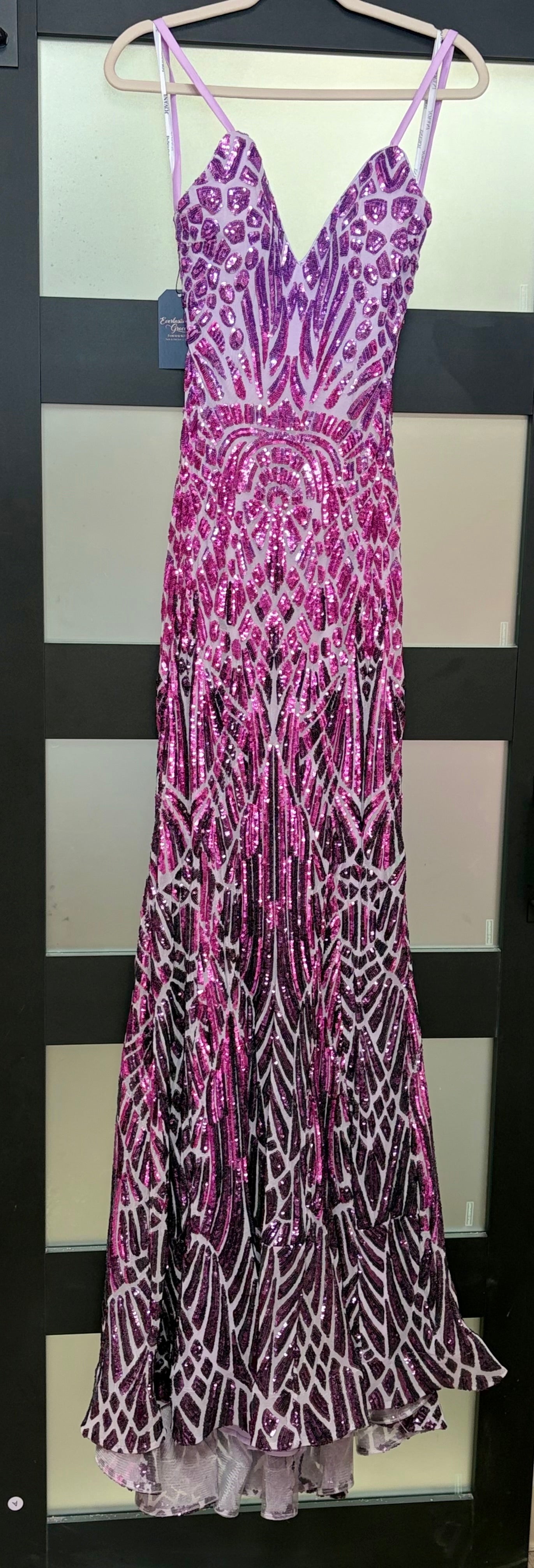 Jovani 06450 Ombre Lilac and Fuchsia Sequin Mermaid Gown with Plunging V-Neckline