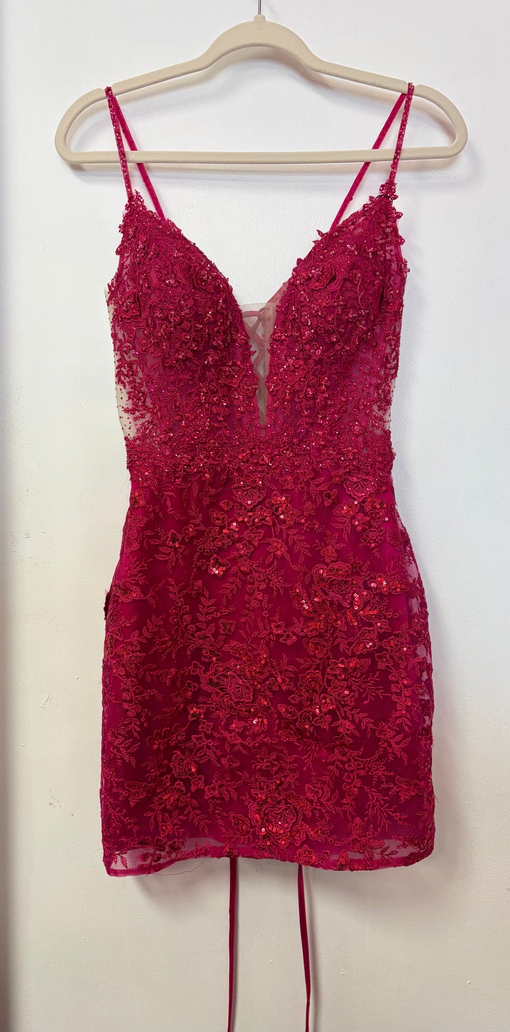 Sherri Hill 56645 Fuchsia Lace Homecoming Dress with Illusion Corset Bodice and Floral Appliqué