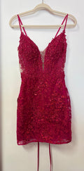 Sherri Hill 56645 Fuchsia Lace Homecoming Dress with Illusion Corset Bodice and Floral Appliqué
