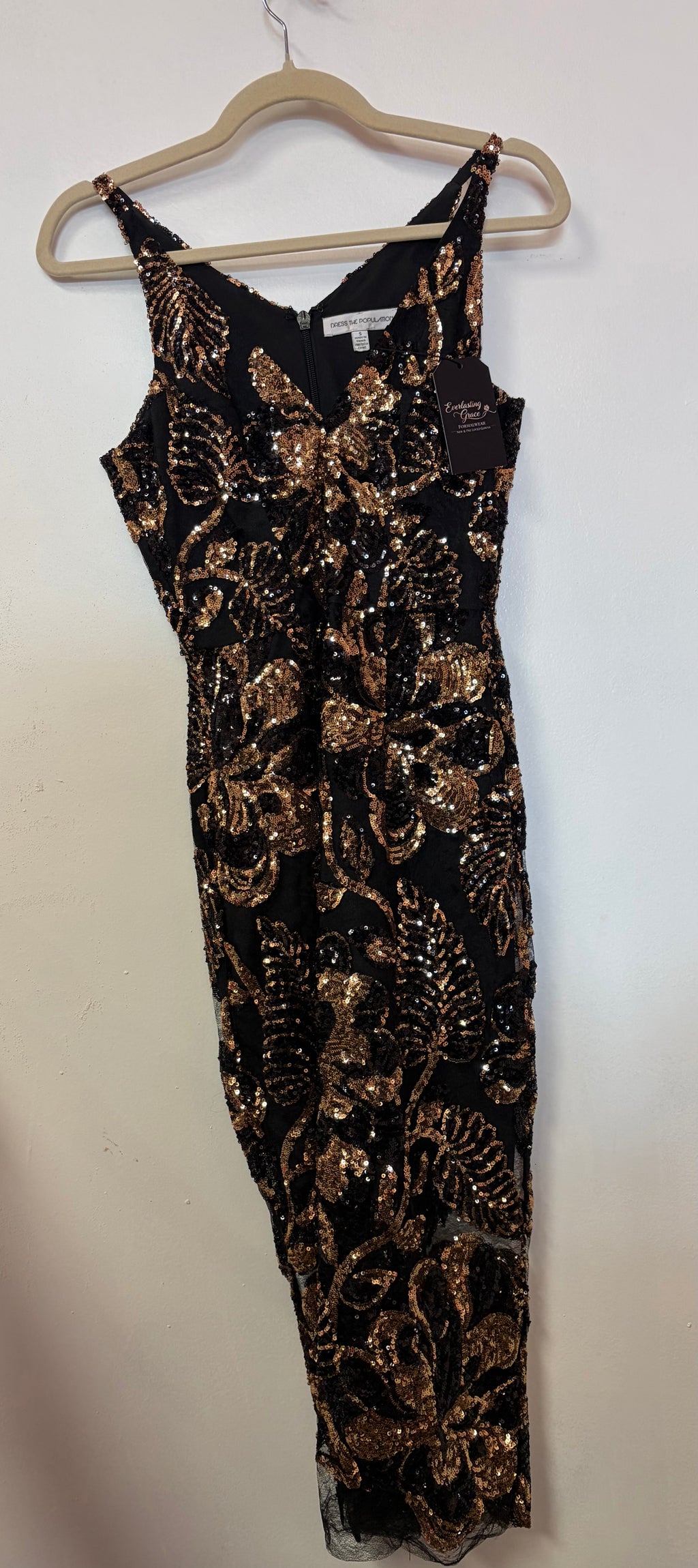 Dress the Population Black and Gold Sequin Midi Dress with Floral Embellishments
