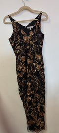 Dress the Population Black and Gold Sequin Midi Dress with Floral Embellishments