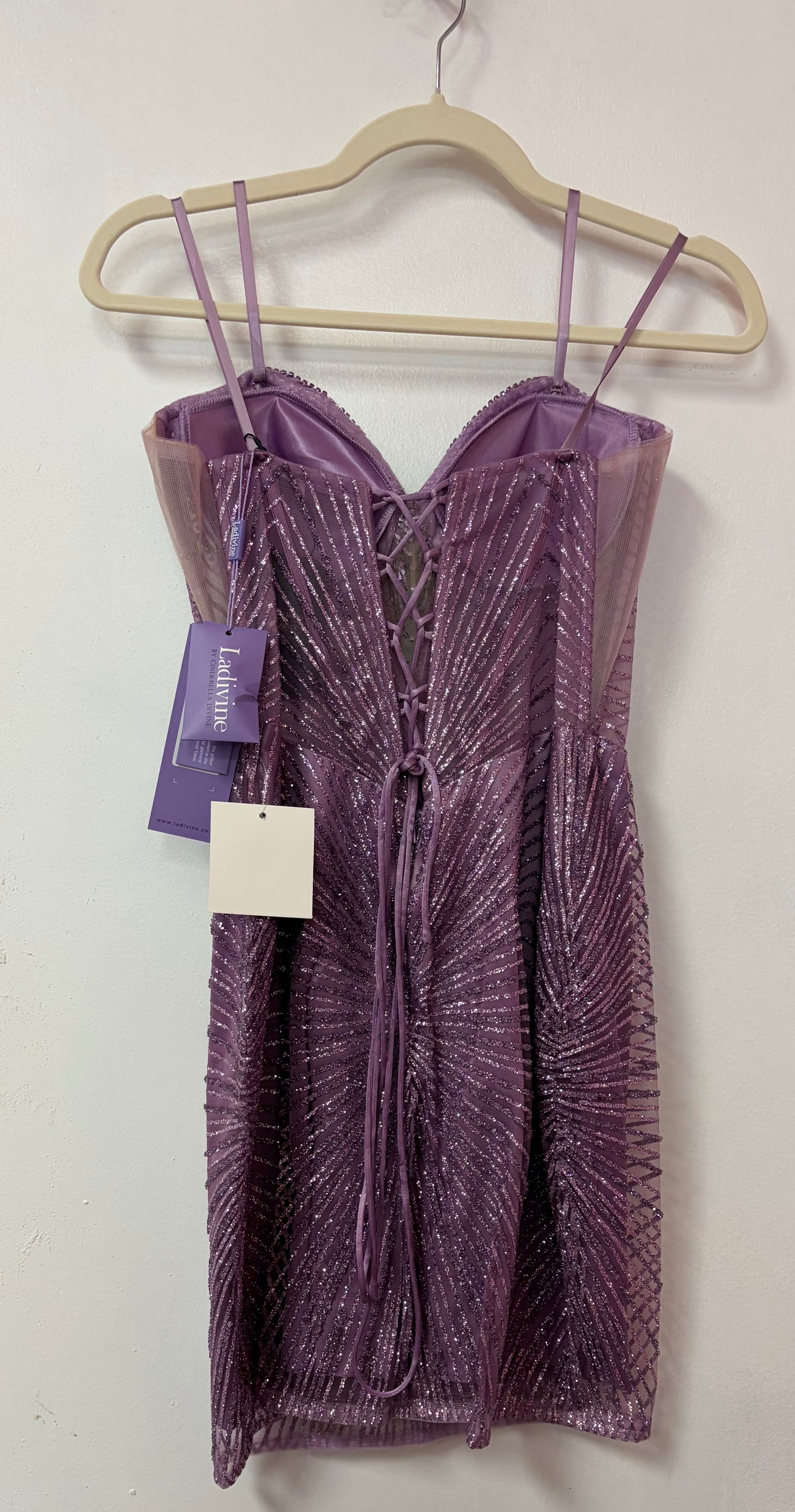 LaDivine J879 Lilac Beaded Homecoming Dress with Illusion Corset Bodice and Radiating Crystal Pattern