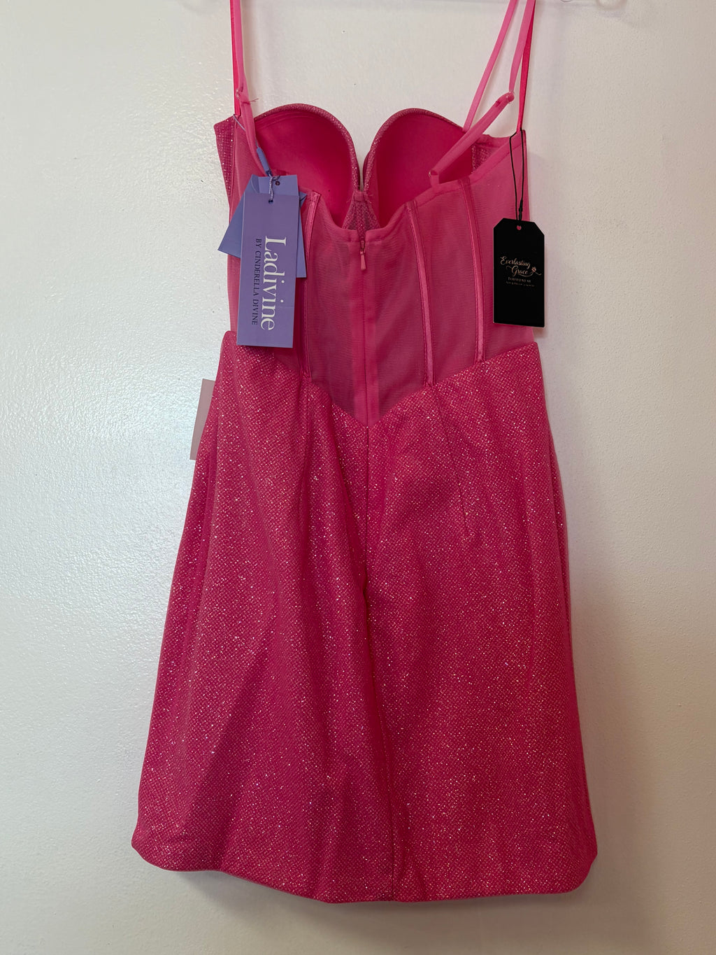 LaDivine CB146 Hot Pink Glitter Corset Homecoming Dress with Removable Tulle Overskirt