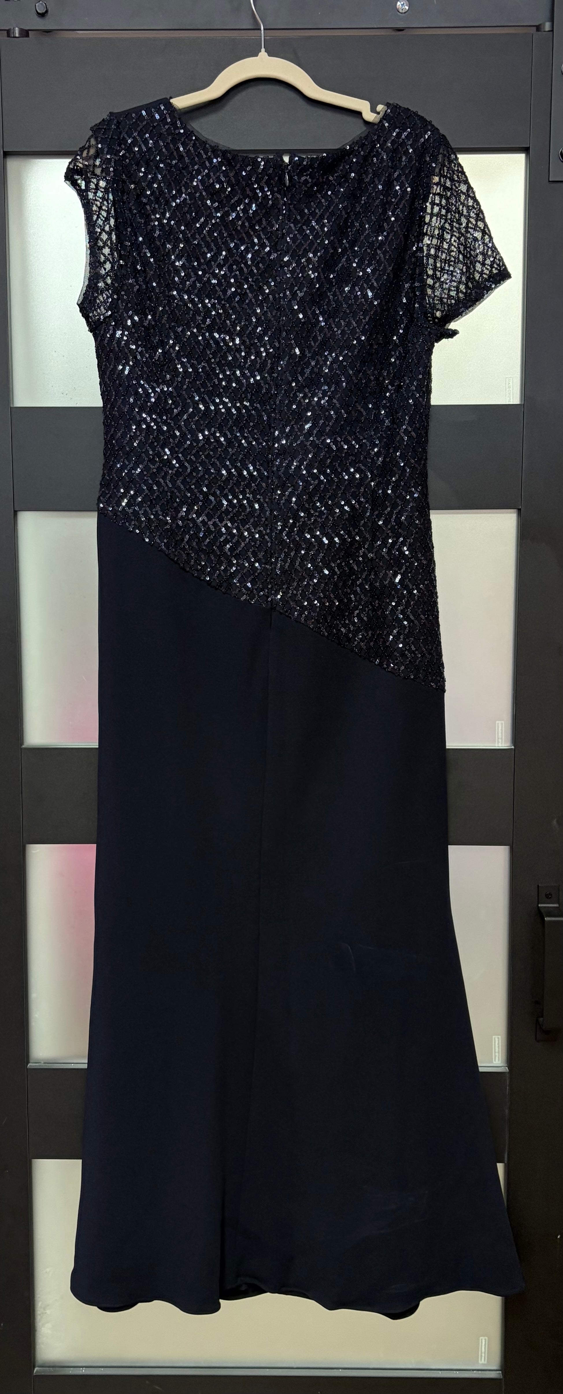 Adrianna Papell Navy Sequin Overlay Asymmetrical Formal Dress