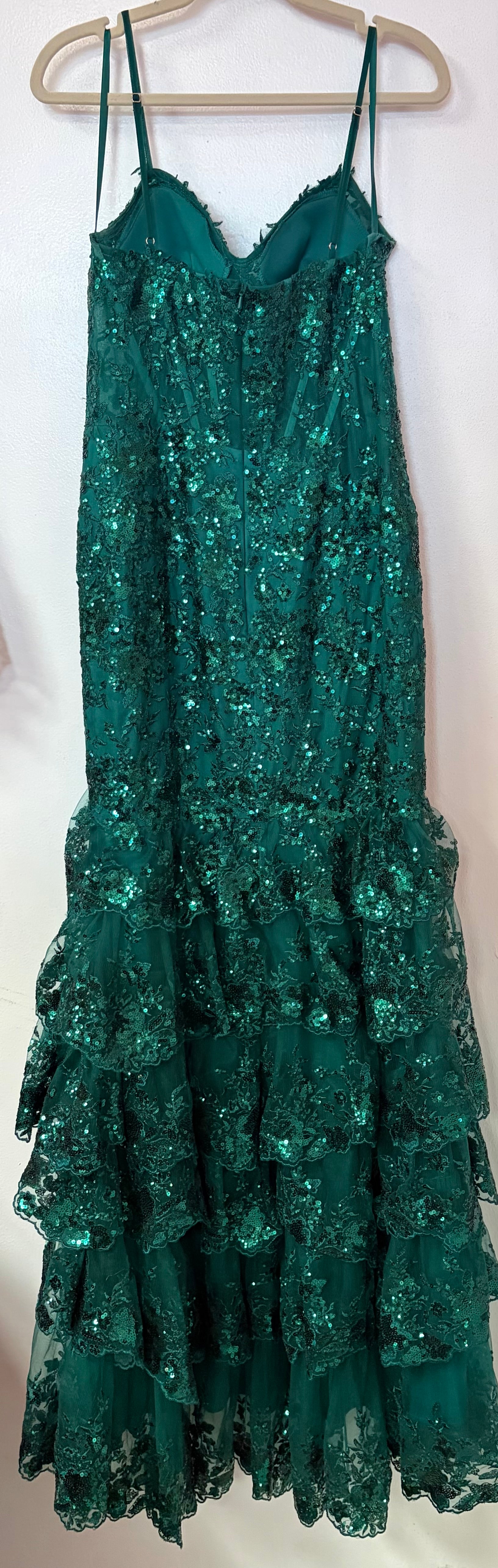 Stacees Emerald Green Sequin Tiered Lace-Up Formal Gown
