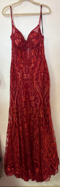 Stacees S8433P Burgundy Sequin Lace-Up Formal Gown