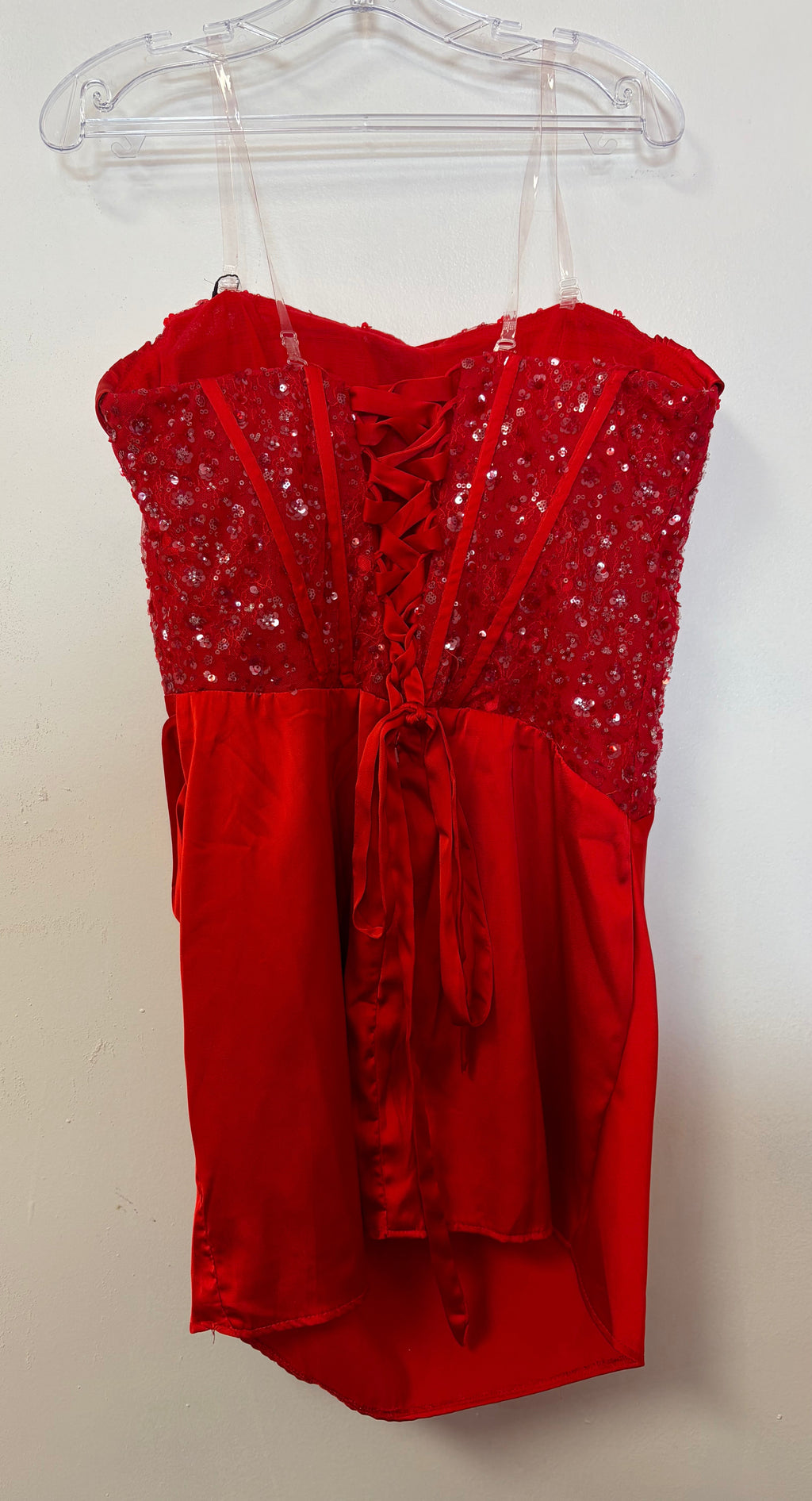 Red Satin Corset Homecoming Dress with Sequin Bodice and Draped Skirt