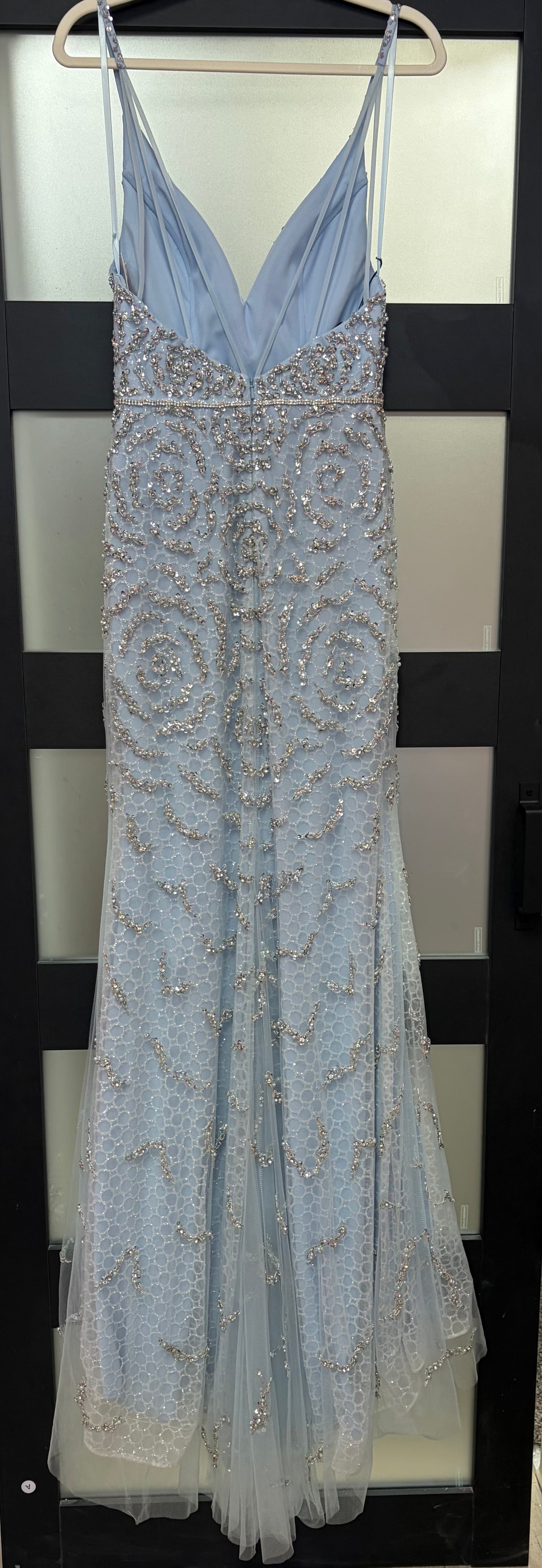 GB Dusty Blue Beaded Mesh Evening Gown with Illusion Overlay