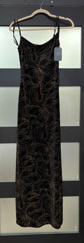 Morgan & Co. Black Velvet Rhinestone Swirl Evening Gown with Cowl Neck Detail