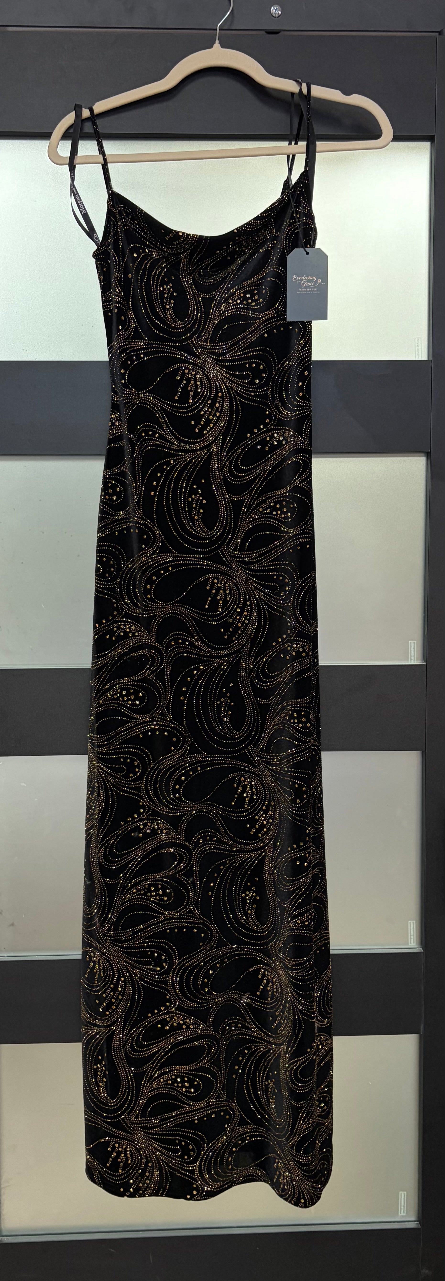 Morgan & Co. Black Velvet Rhinestone Swirl Evening Gown with Cowl Neck Detail