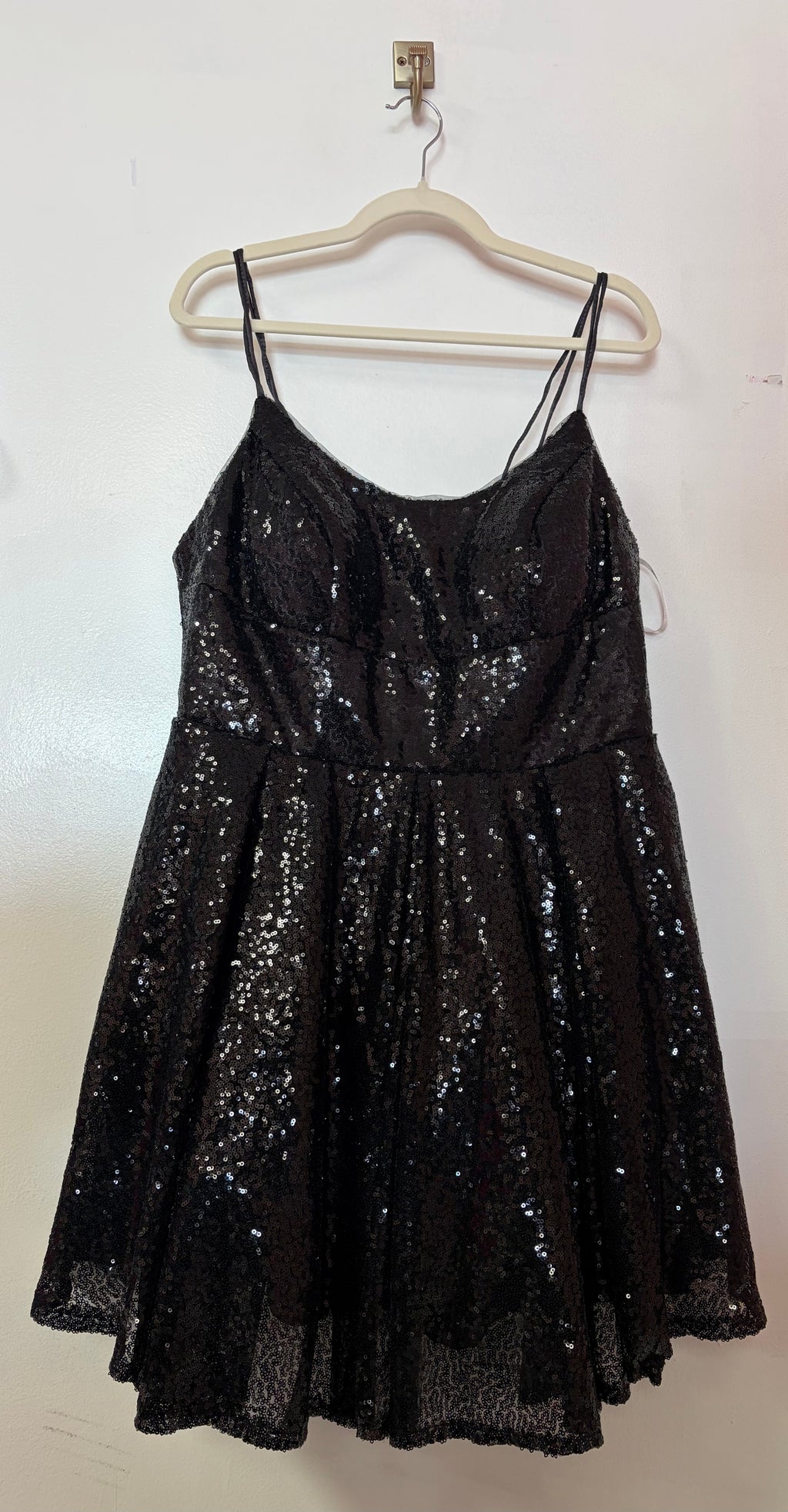 Black Sequin Fit and Flare Cocktail Dress with Spaghetti Straps and Open Tie Back
