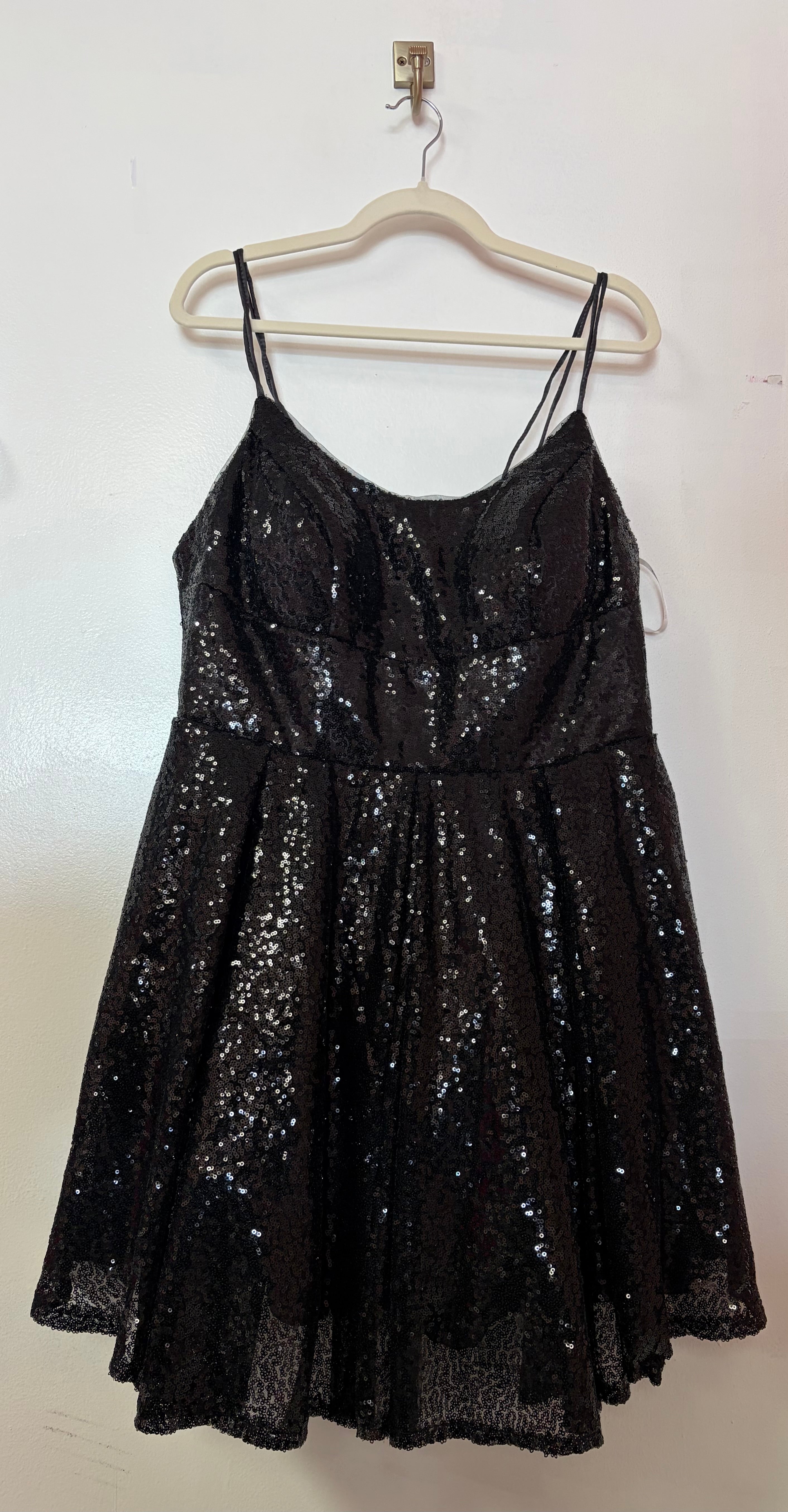 Black Sequin Fit and Flare Cocktail Dress with Spaghetti Straps and Open Tie Back