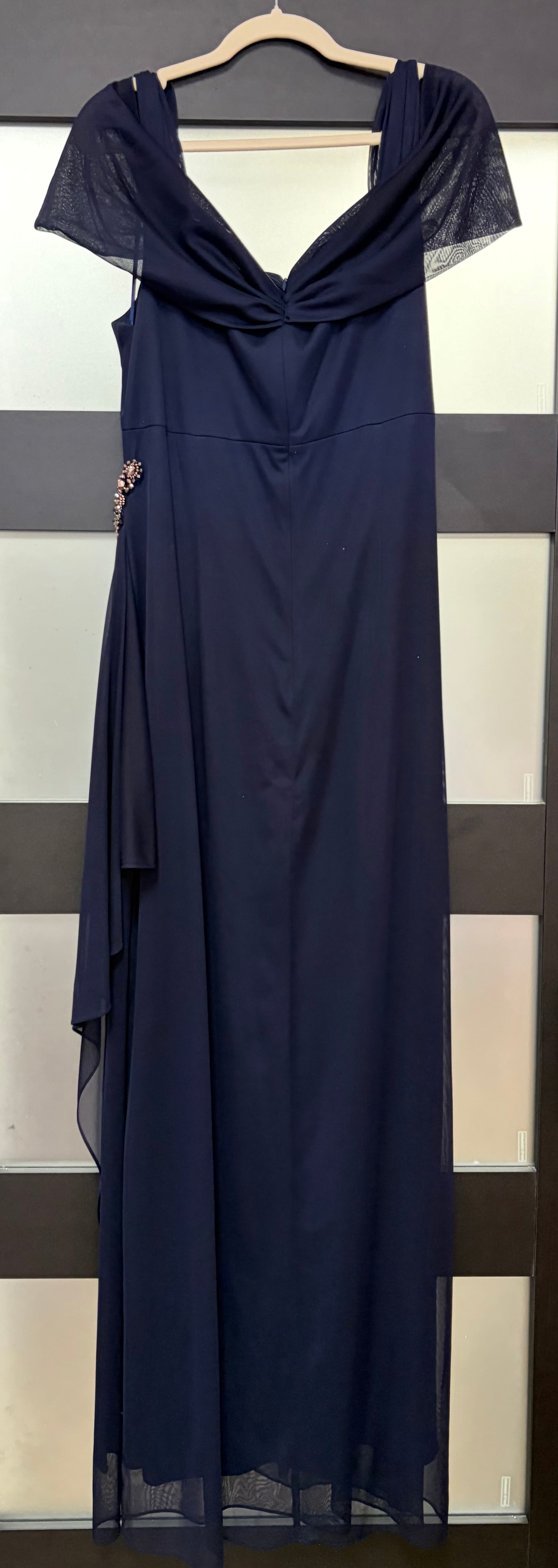 Alex Evenings Navy Chiffon Cape Sleeve Evening Gown