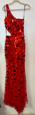 Primavera Couture 3623 Red Mirror Sequin One-Shoulder Gown