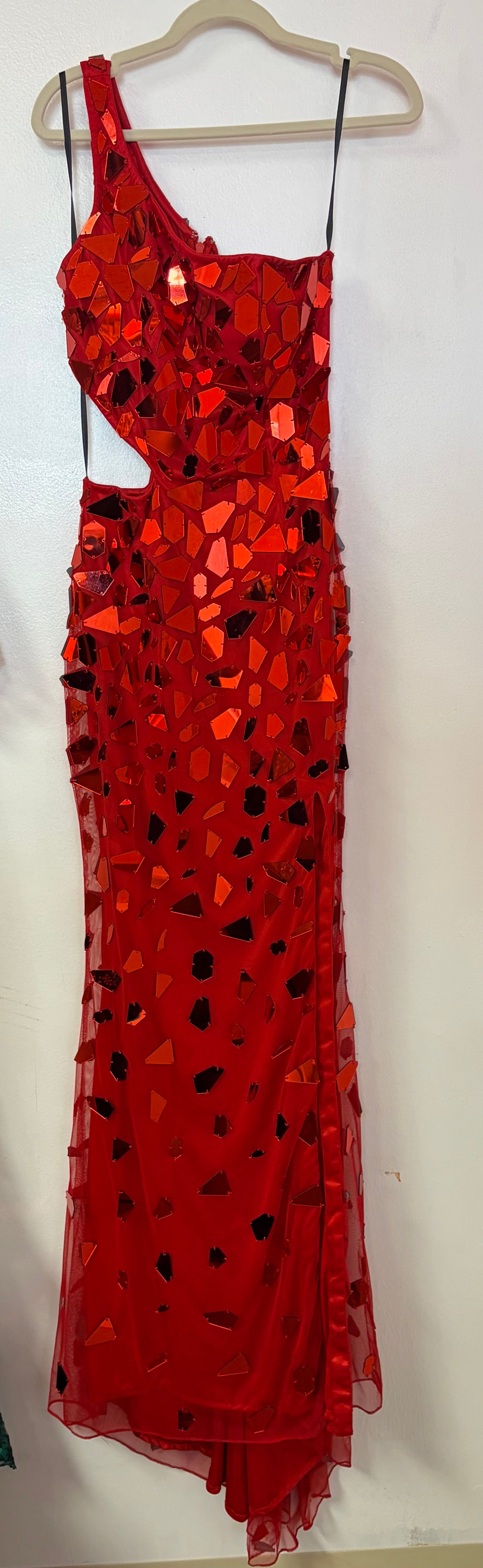 Primavera Couture 3623 Red Mirror Sequin One-Shoulder Gown
