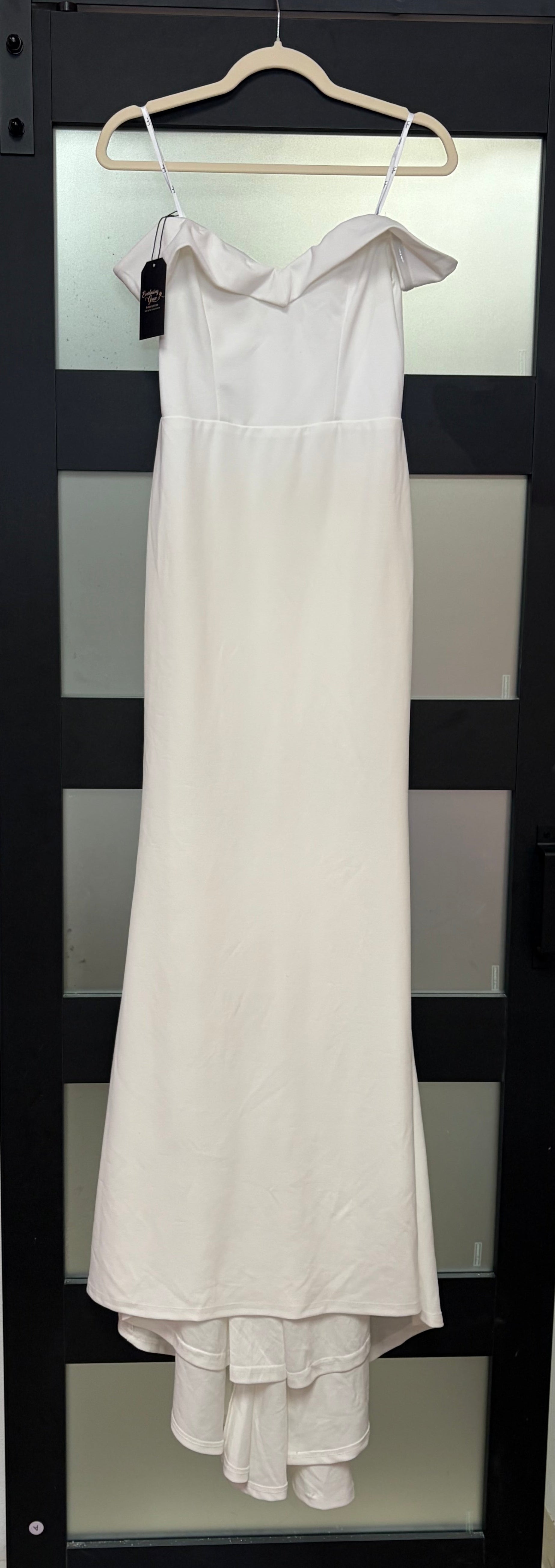 Lulus Ivory Off-the-Shoulder A-Line Bridal Gown with Button Back Detail