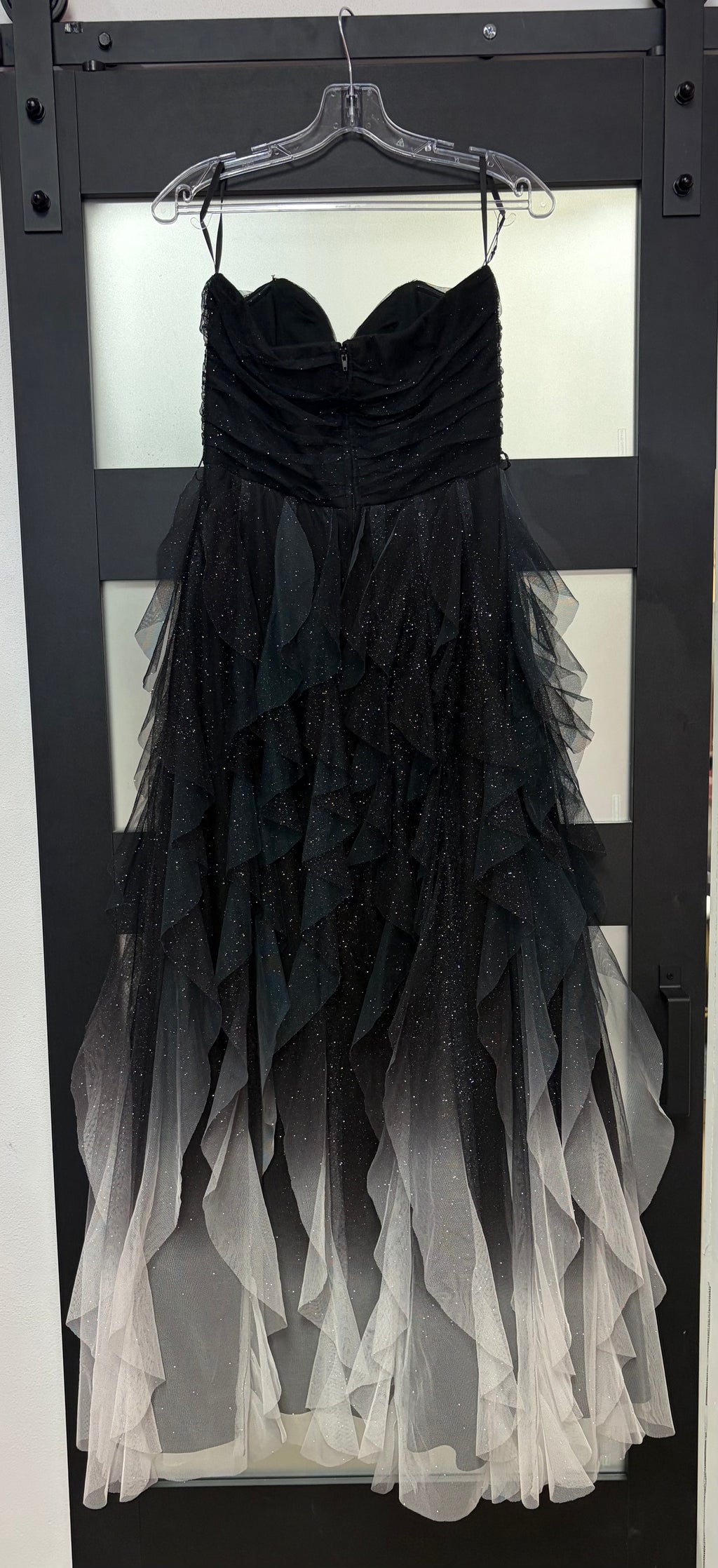 Black Ombre Glitter Tulle Ruffle Formal Gown