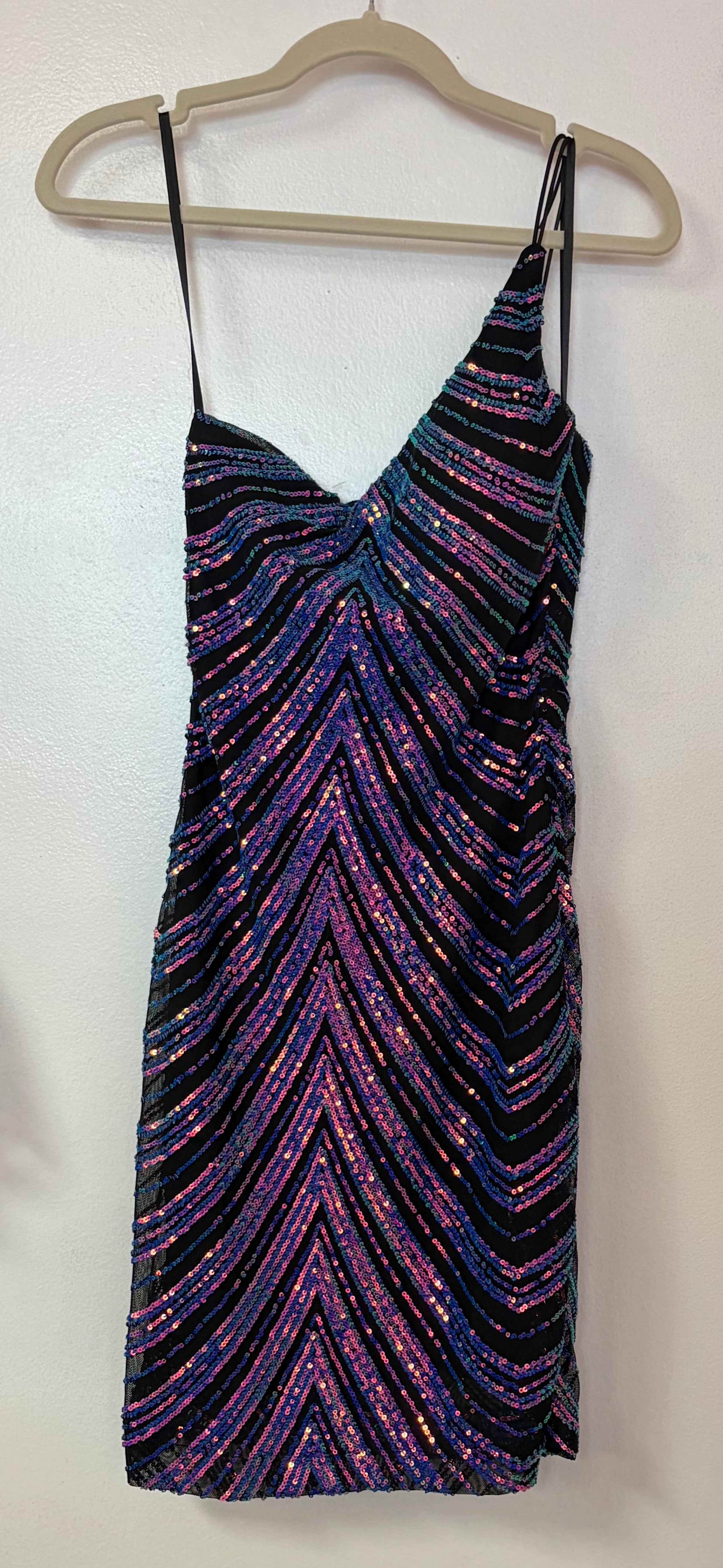 B Darlin Black Iridescent Sequin One-Shoulder Cocktail Dress