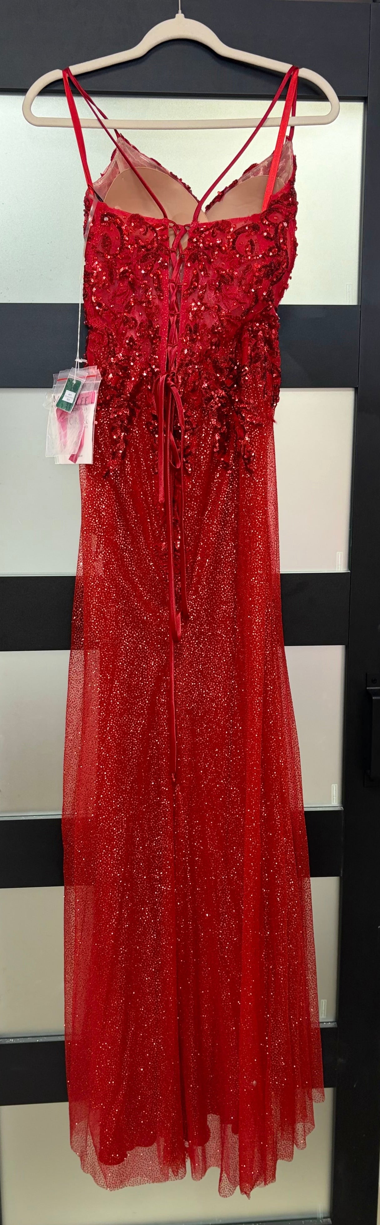 Morilee Red Beaded Corset Prom Gown with Glitter Tulle Overskirt