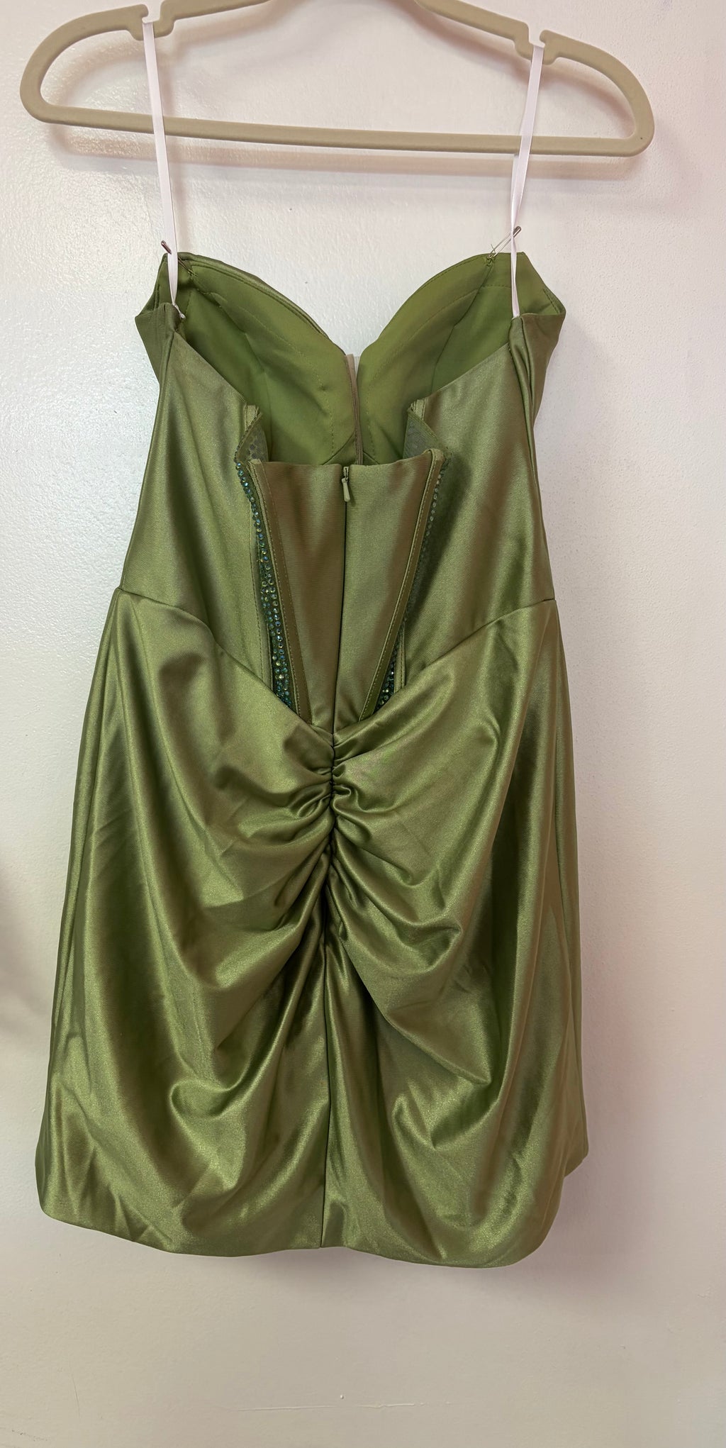 Juliet JT964A Olive Satin Bow Cocktail Dress
