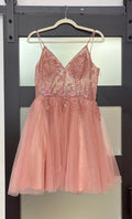 Coya Collection Blush Pink Glitter Tulle Homecoming Dress with 3D Floral Appliqué