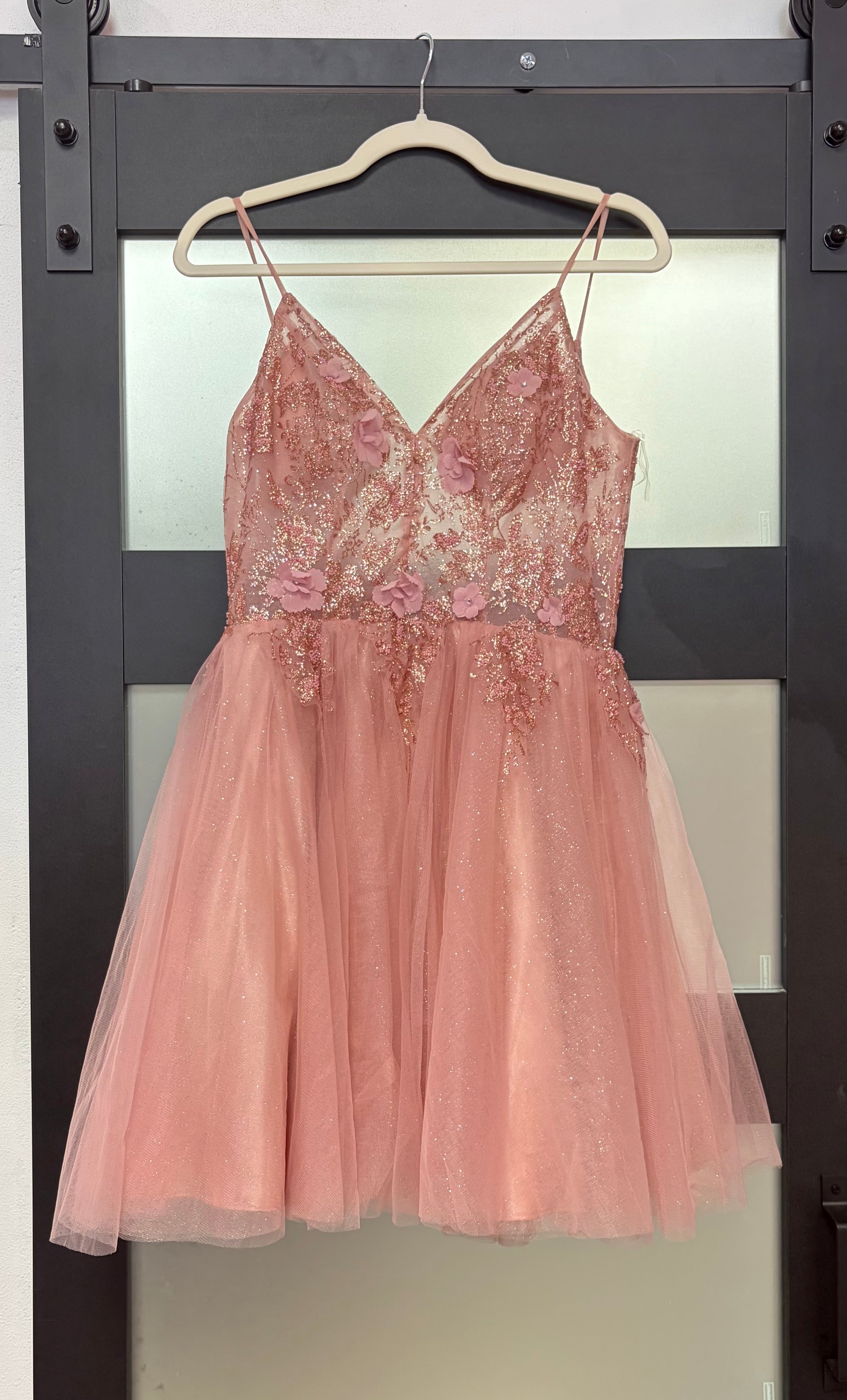 Coya Collection Blush Pink Glitter Tulle Homecoming Dress with 3D Floral Appliqué