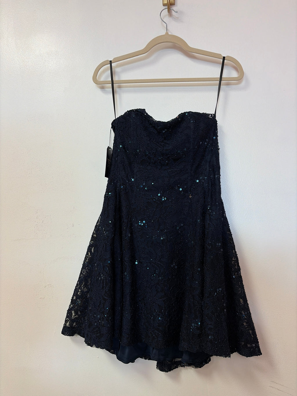 Navy Sequin Lace-Up Back Fit & Flare Dress – Strapless Homecoming Cocktail Dress