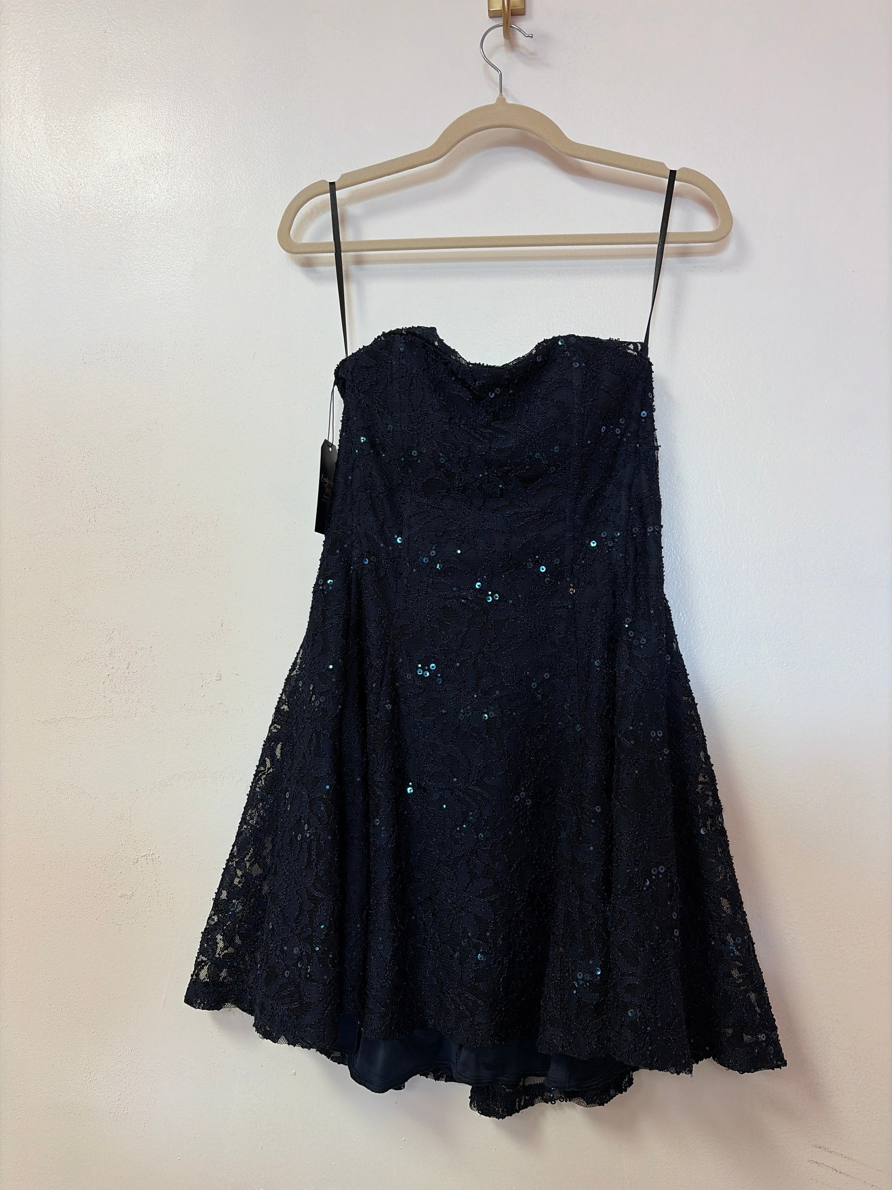 Navy Sequin Lace-Up Back Fit & Flare Dress – Strapless Homecoming Cocktail Dress