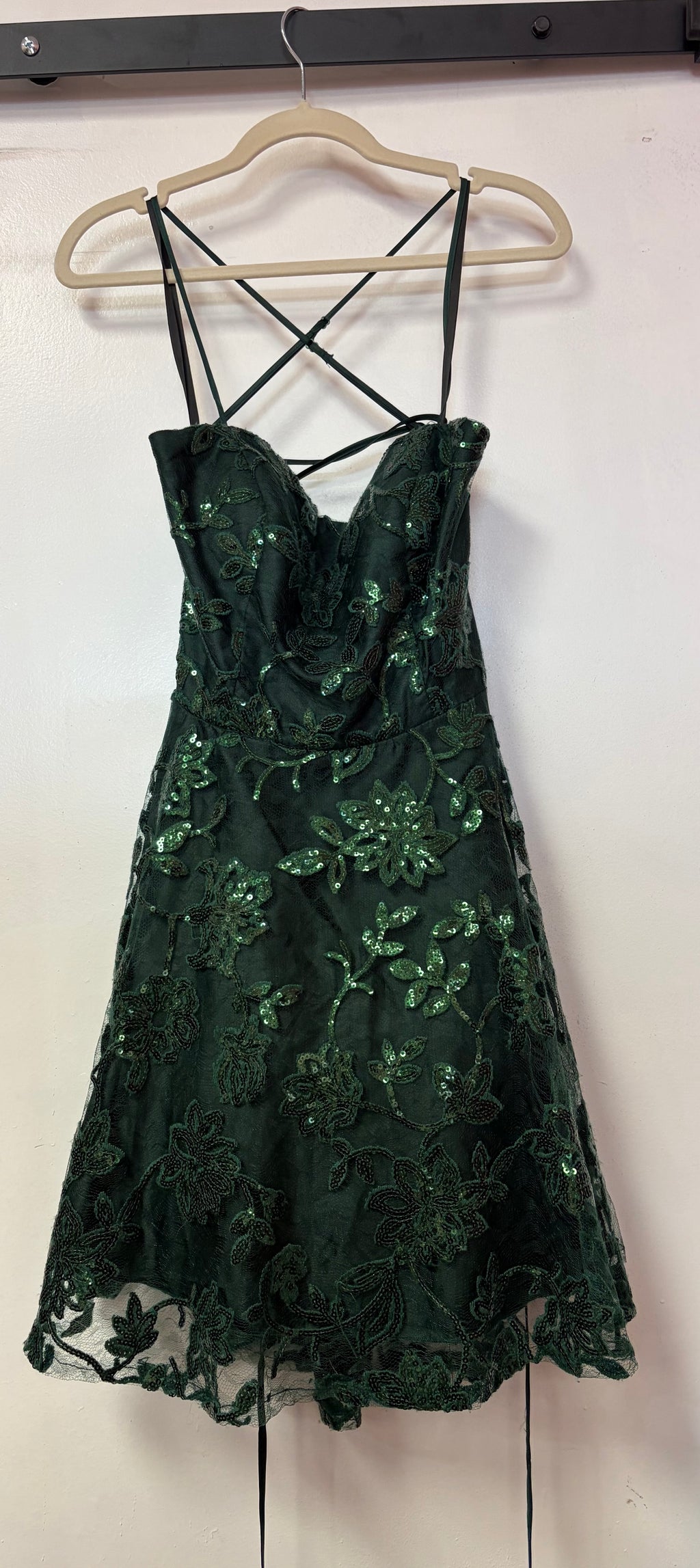 Windsor Emerald Green Sequin Floral Lace Homecoming Dress with Lace-Up Back