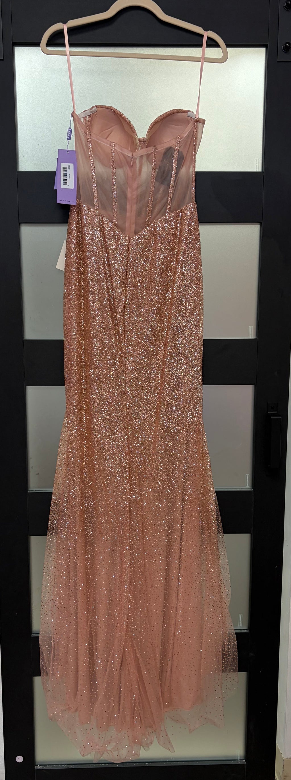 LaDivine CB084 Rose Gold Glitter Corset Gown with Draped Leg Slit