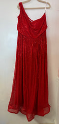 Red One-Shoulder Sequin A-Line Formal Gown with Draped Neckline and Sparkle Overlay