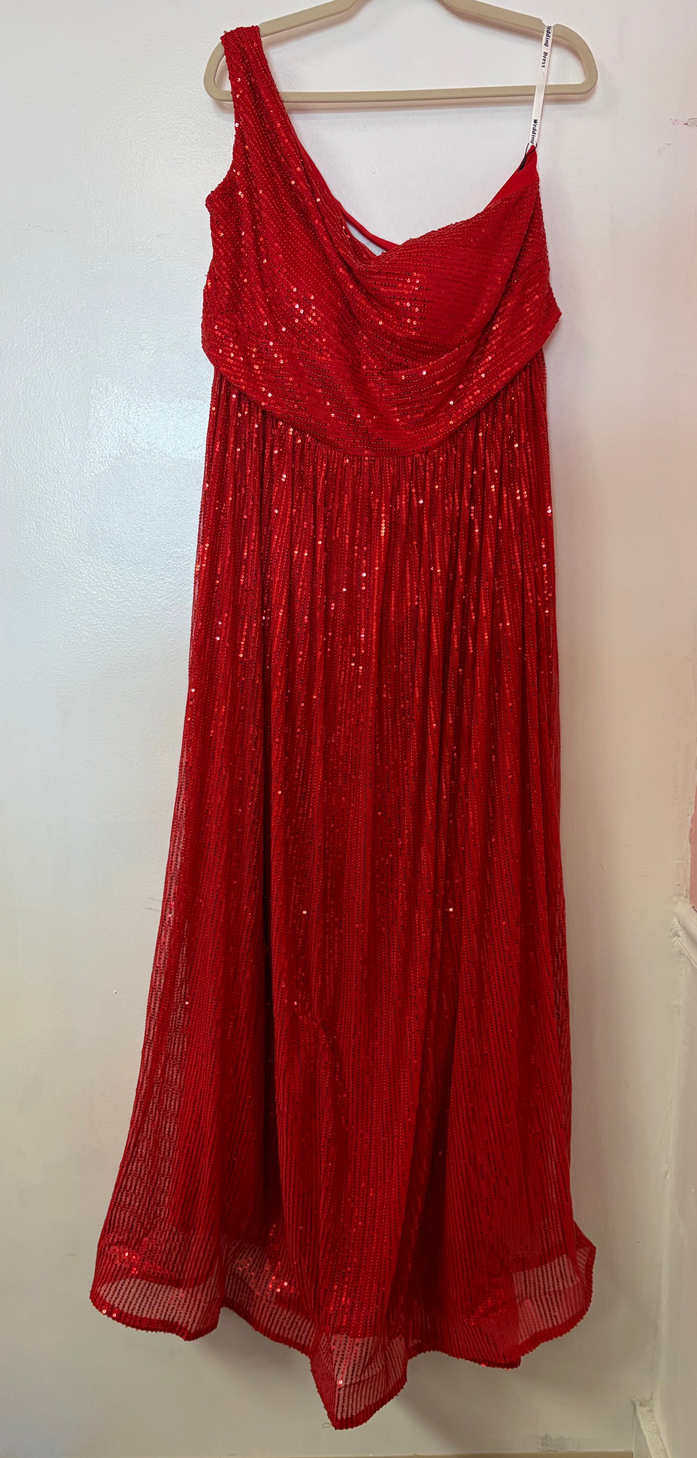Red One-Shoulder Sequin A-Line Formal Gown with Draped Neckline and Sparkle Overlay