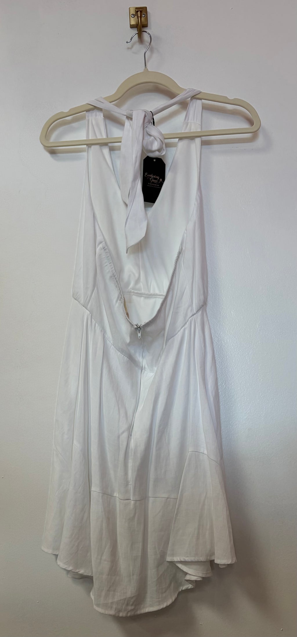 Altar’d State White Halter Mini Dress with Open Back and Flounce Hem