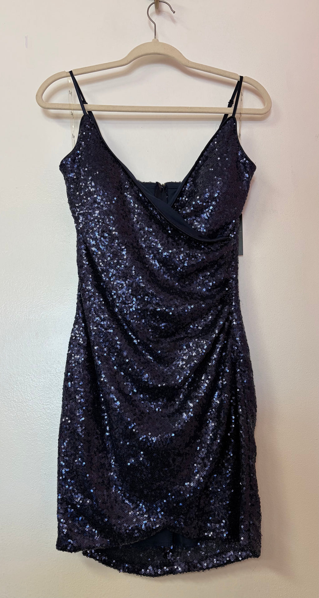 Navy Sequin Wrap Homecoming Dress with Cowl Neckline and Ruched Skirt