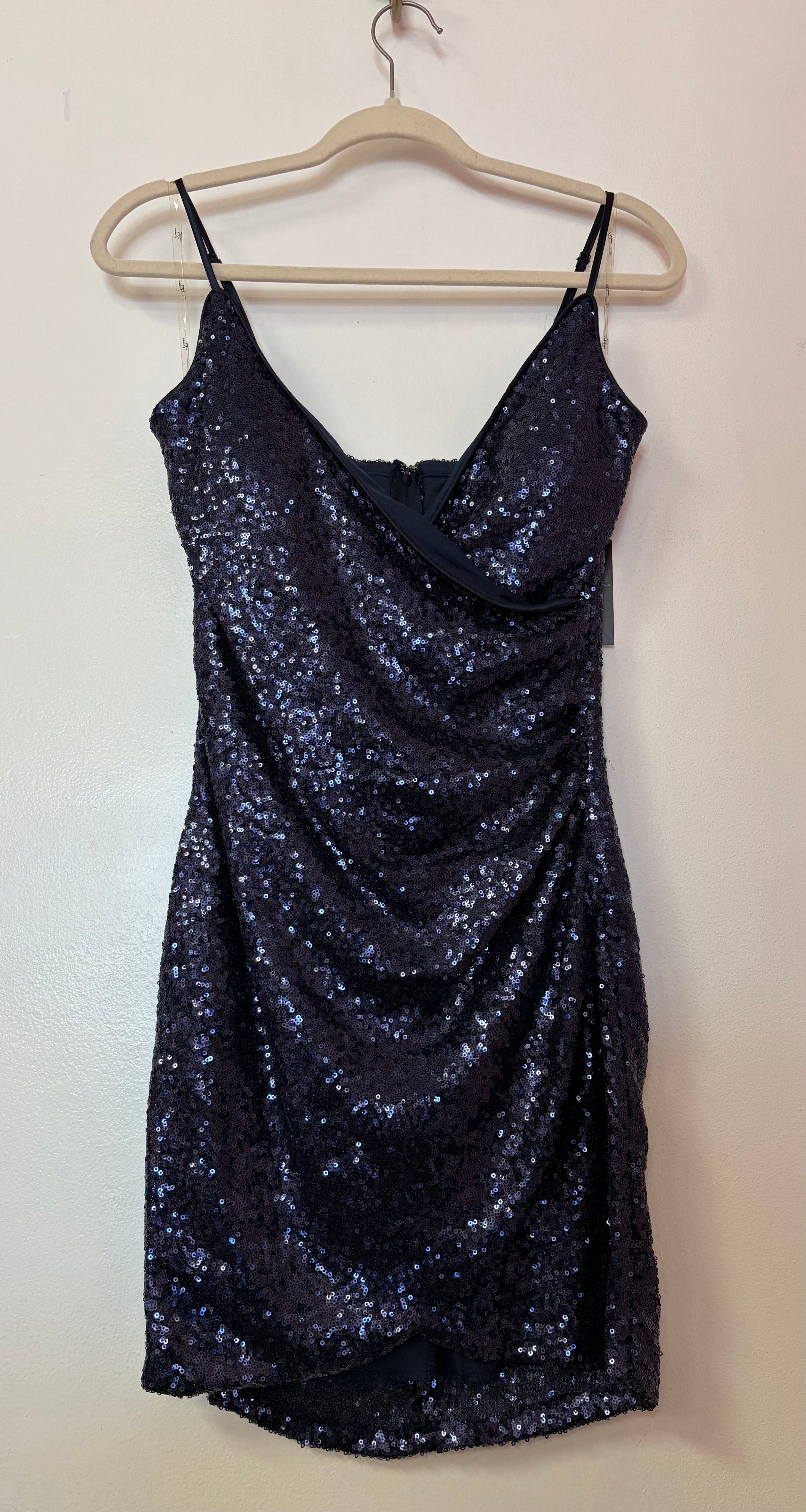 Navy Sequin Wrap Homecoming Dress with Cowl Neckline and Ruched Skirt