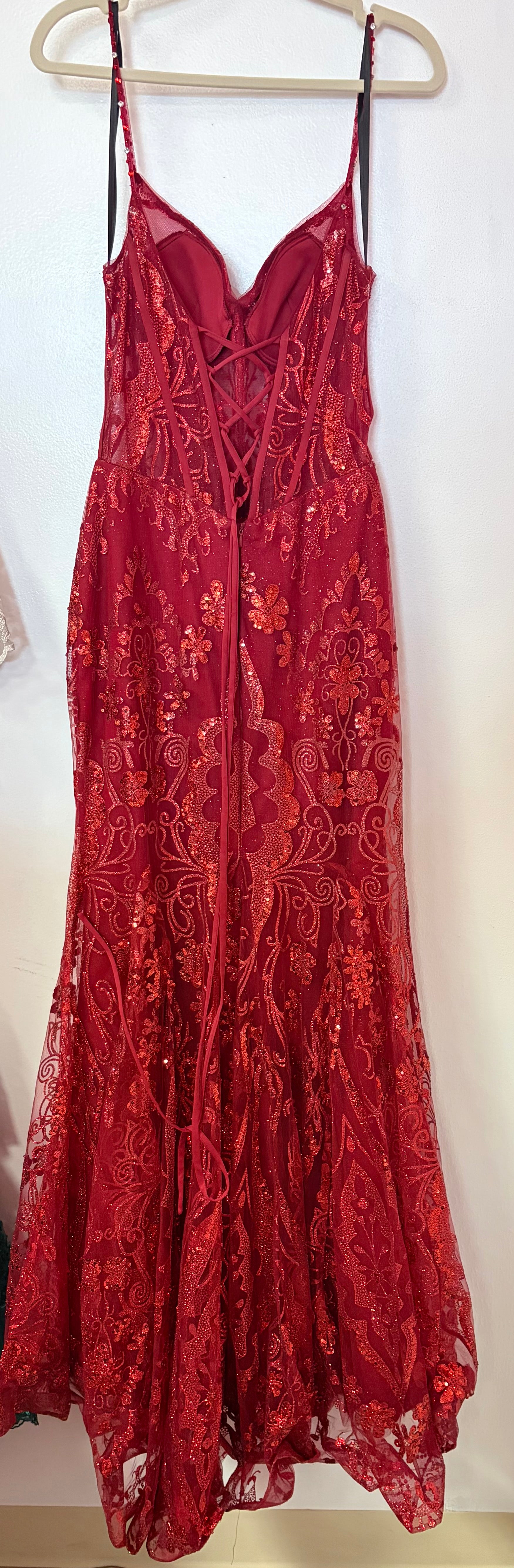 Stacees S8433P Burgundy Sequin Lace-Up Formal Gown